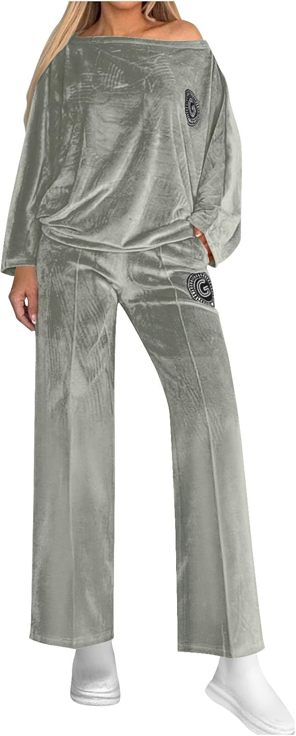2 Piece Velvet Outfits for Women Off The Shoulder Oversized Sweatshirt and Wide Leg Pants Lounge Sweatsuit Sets