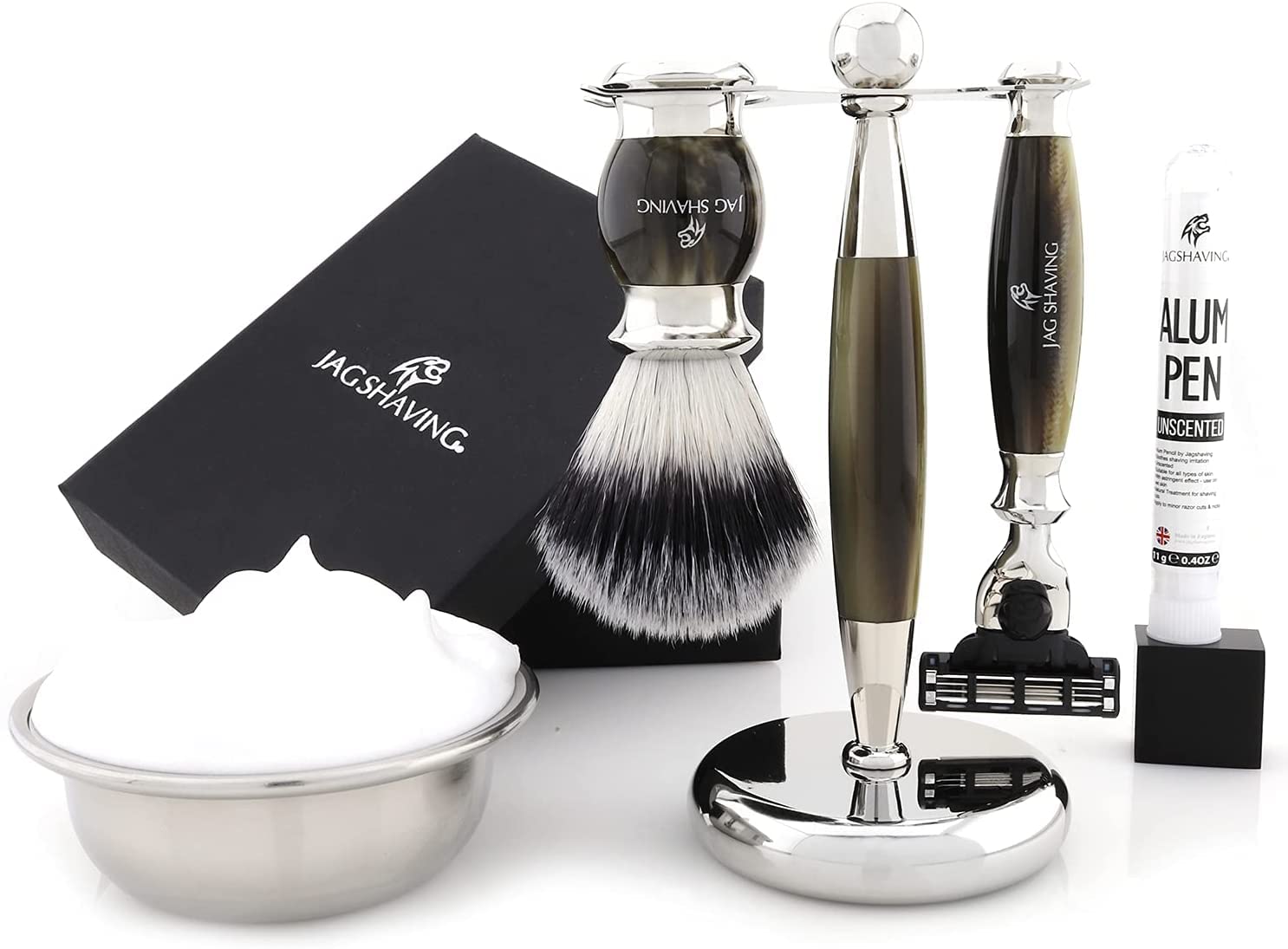 Jag Shaving Jag's Lee Range zestaw do golenia – 3-częściowy zestaw do golenia – syntetyczny pędzel do golenia ze srebrnymi końcówkami – 3 bezpieczne golarki – stojak do golenia – imitacja zielonego