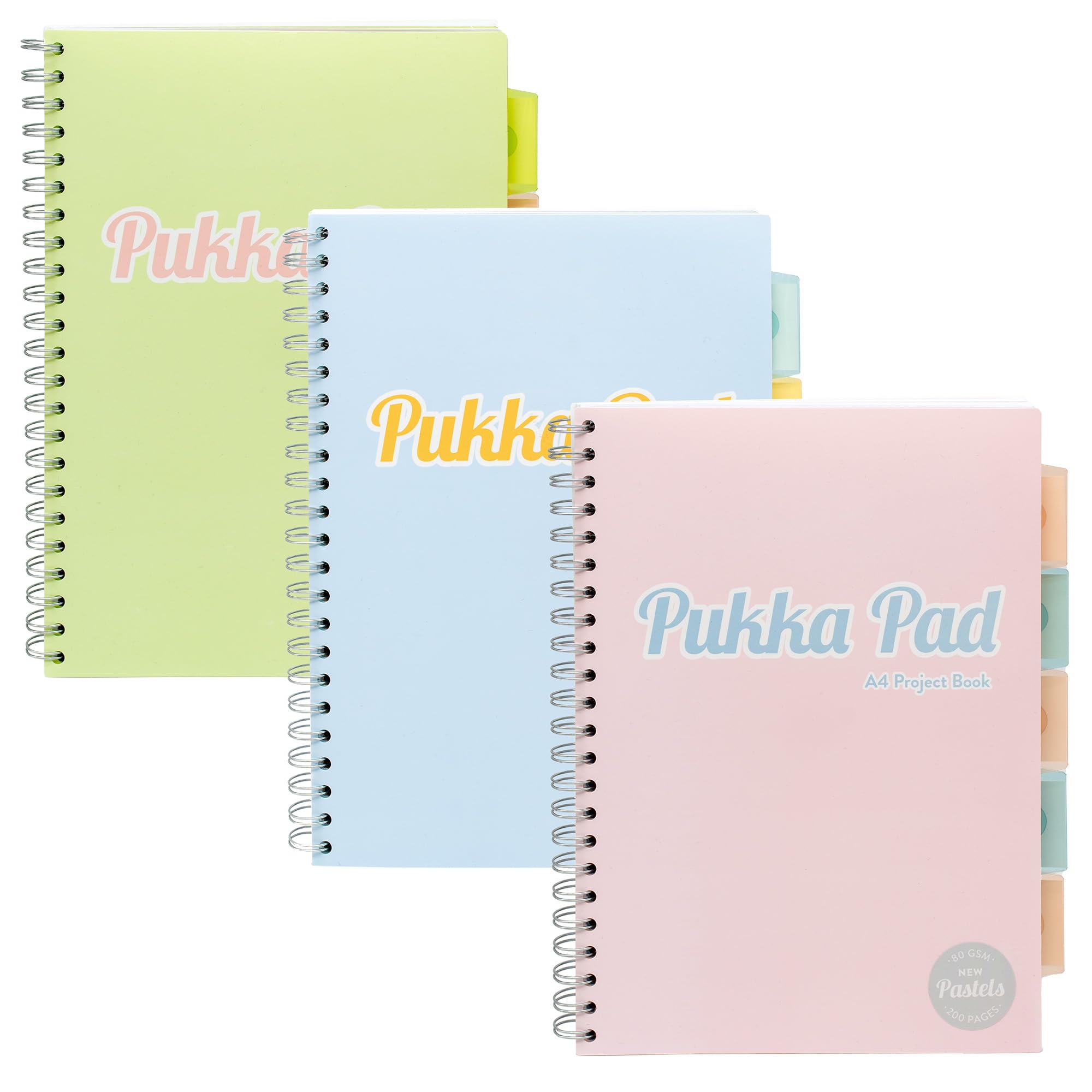 Pukka Pad Pastel A4 Project Books – Pack of 3 Twin Wire Bound Notebooks with Repositionable Dividers & 200 Pages, 100 Sheets of 80GSM Perforated Paper with 8mm Feint Ruled Lines – Pink, Blue, & Green