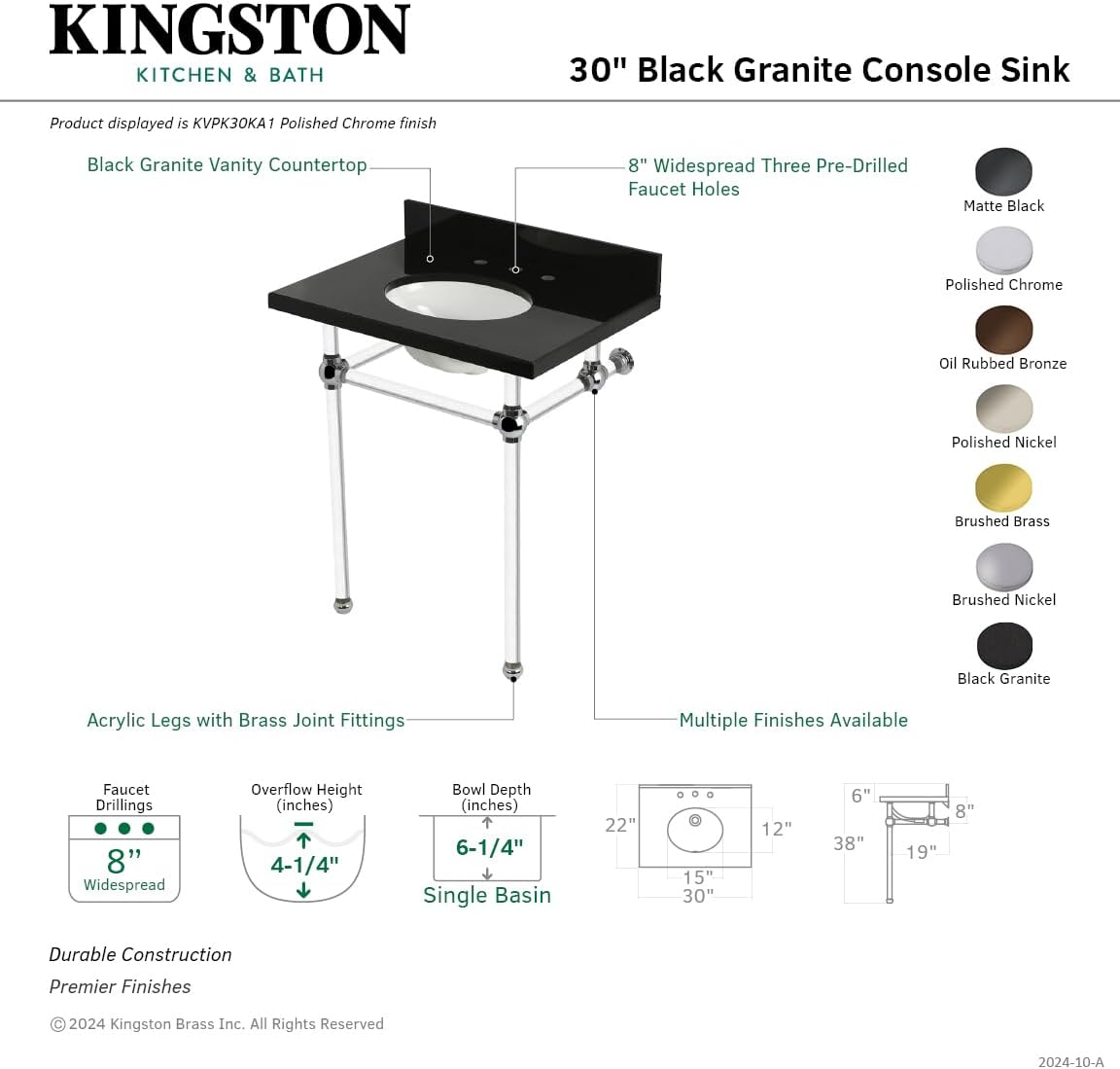 Kingston Brass KVPK30KA8 Templeton 30" Black Granite Console Sink with Acrylic Legs, Black Granite/Brushed Nickel