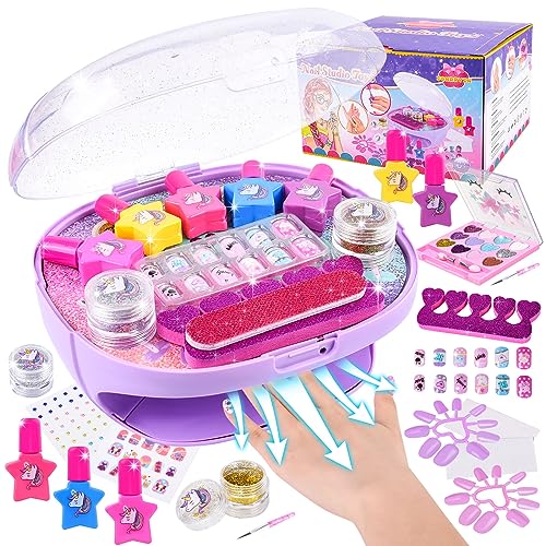 Herenear Kit Manucure Enfant Fille avec Sèche Ongles, Maquillage et Autocollants - Jouet Vernis à Ongle - Cadeau Noël 4-12 Ans