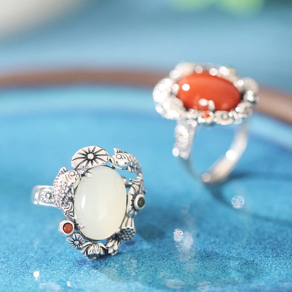 Anello In Argento Sterling 925,925 Sterling Silver Loto Stagno Dei Pesci Incisione Vintage Distressed Rotondo Anello In Pietra Naturale Agata Rossa Boho Gemma Energia Fascino Matrimonio Gioielli Reg