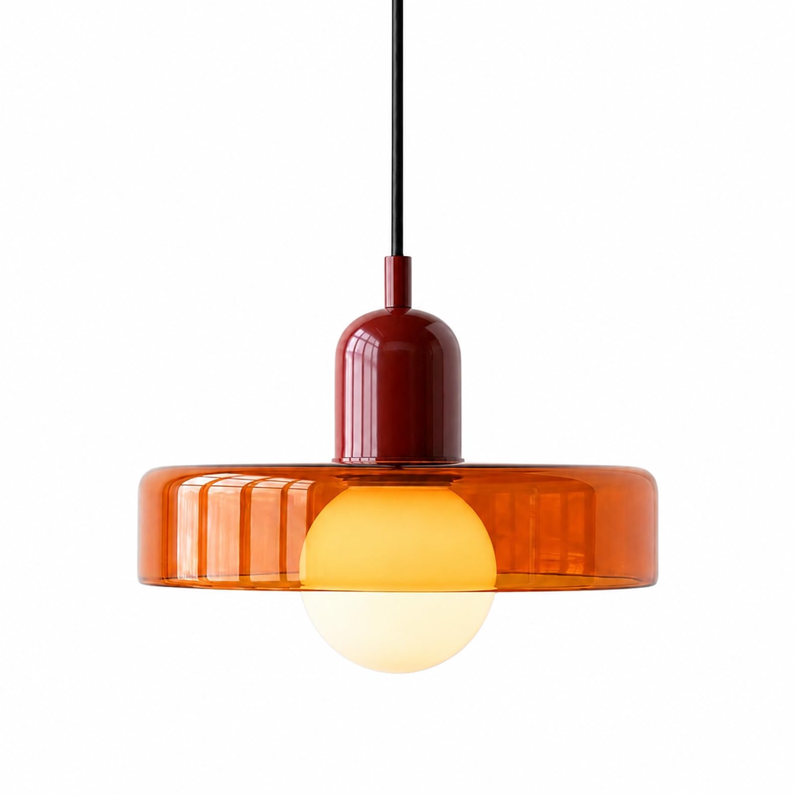 25cm Rund Glas Pendelleuchte, Retro Modern Esstisch Hängelampe mit Rot Eisenoberteil, E27 Hängende Deckenlampe für Küche, Esszimmer & Schlafzimmer (Klar Orange)