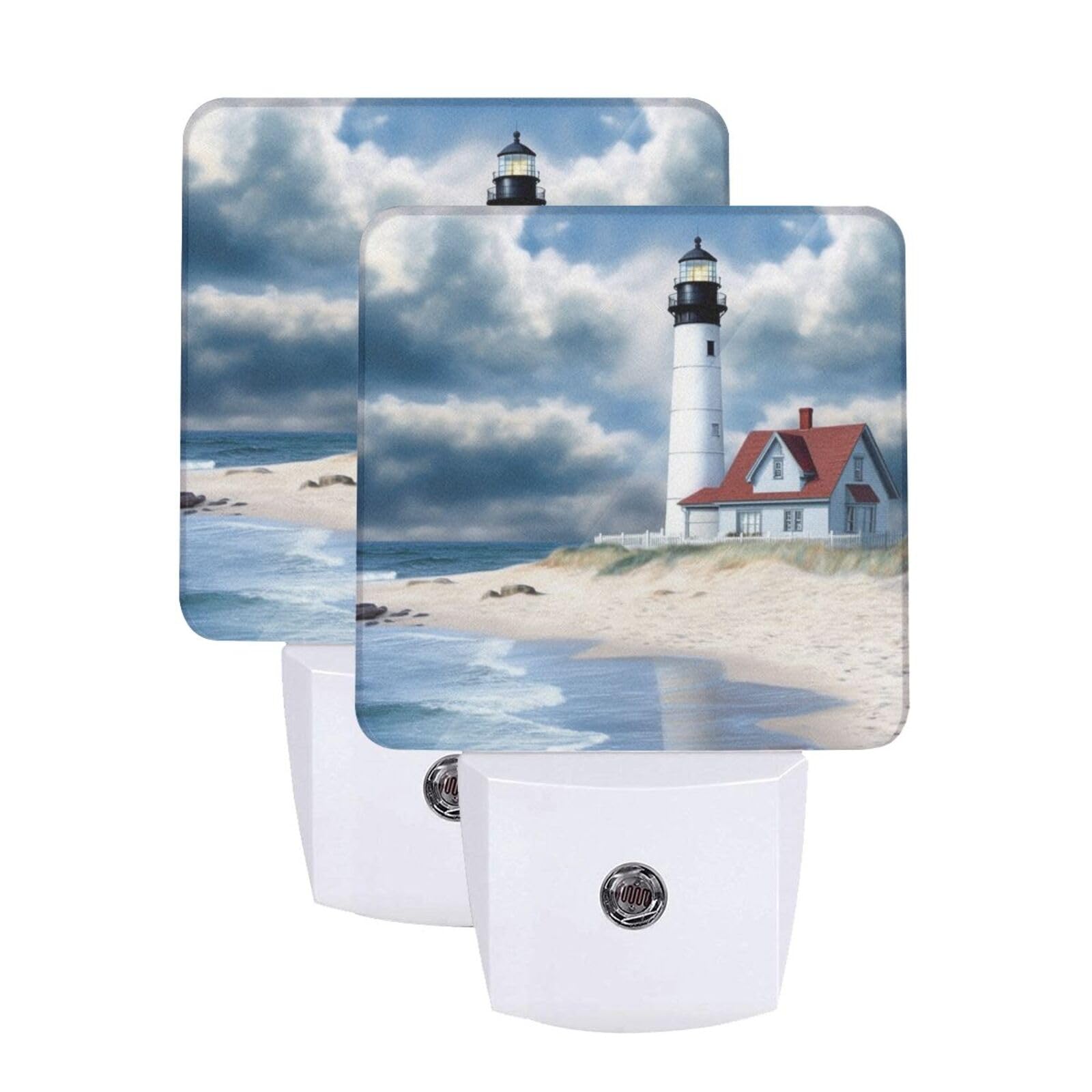 Beach Lighthouse Night Light Set of 2, Auto Sensor LED Dusk-to-Dawn Nightlights, Plug-in Sensor Lamp for Bedroom Bathroom Kitchen Hallway Stairs Decorative