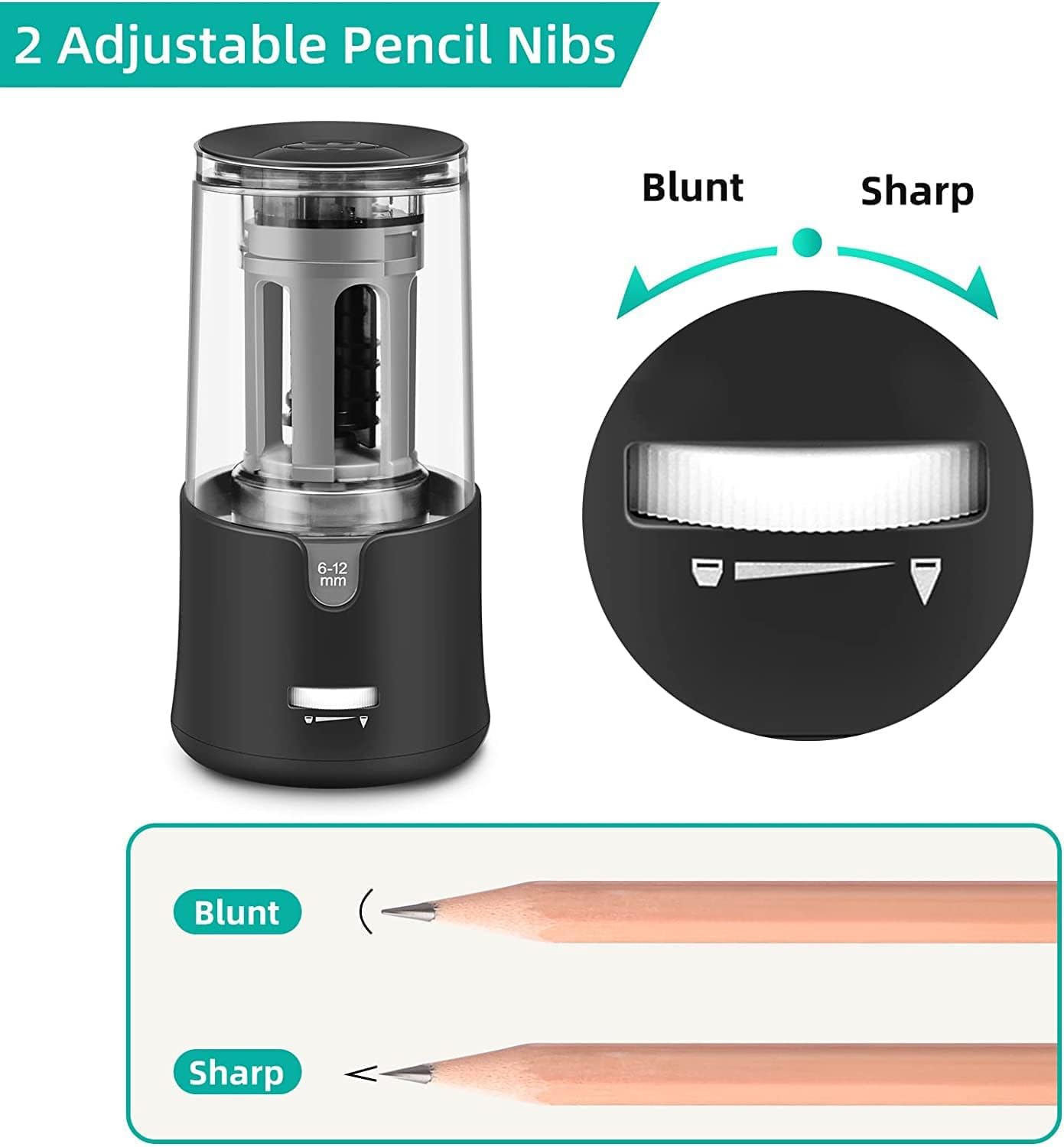 Bleistiftspitzer Elektrisch USB, Elektrischer Anspitzer für dicke und dünne stifte, Wiederaufladbarer Bleistiftschneider mit Behälter für 6-12 mm Bleistifte (Black)