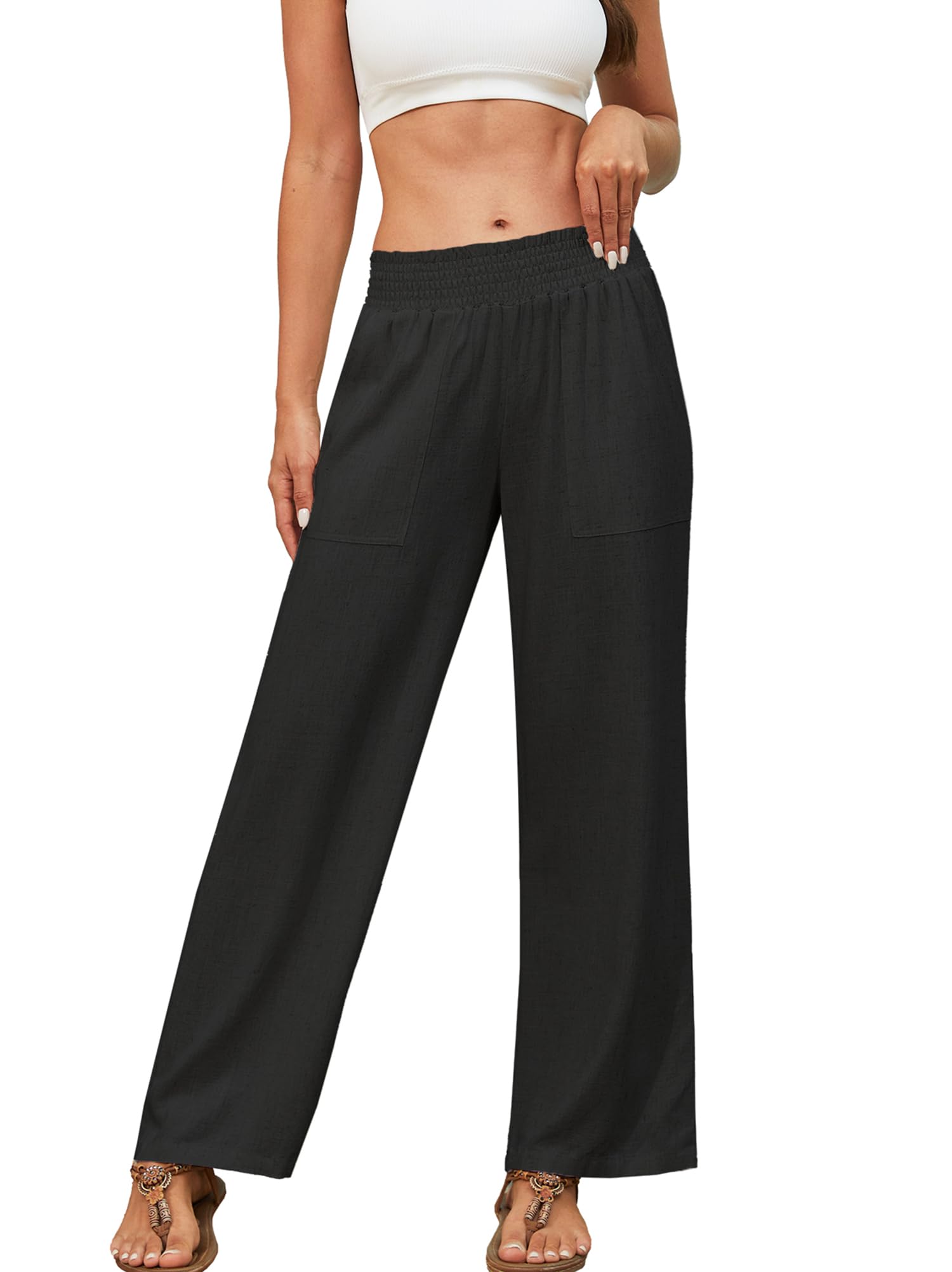 Beautiful Nomad Womens Linen Summer Palazzo Pants Casual High Waist Flowy Wide Leg Pant Beach Trousers with Pocket
