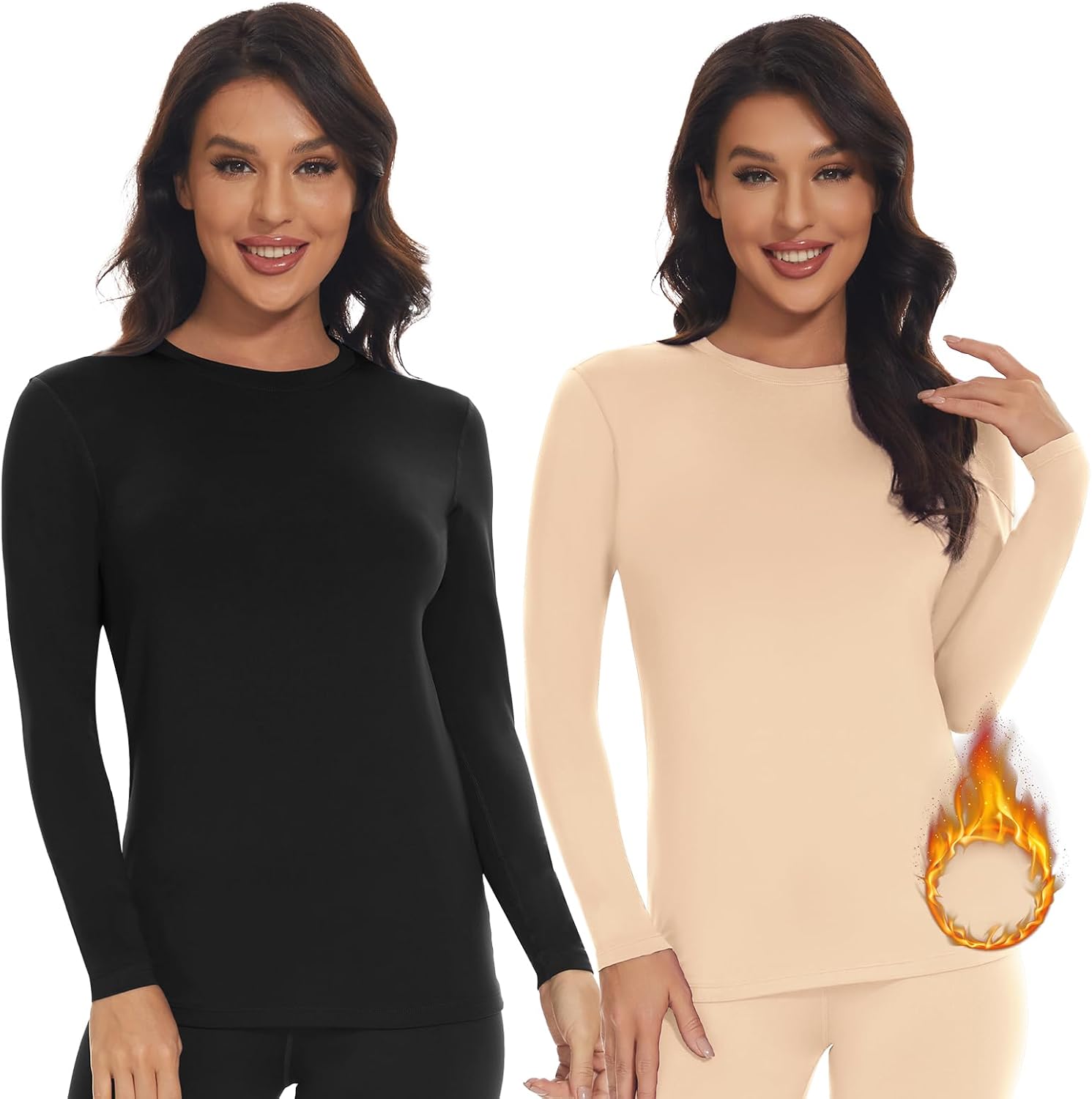 SIMIYA Thermo-ondergoed voor dames, set van 1, 2 stuks, warm ondergoed met binnenfleece, ultralicht onderste deel en bovendeel lang functioneel ondergoed, U-hals, ski-ondergoed voor de winter