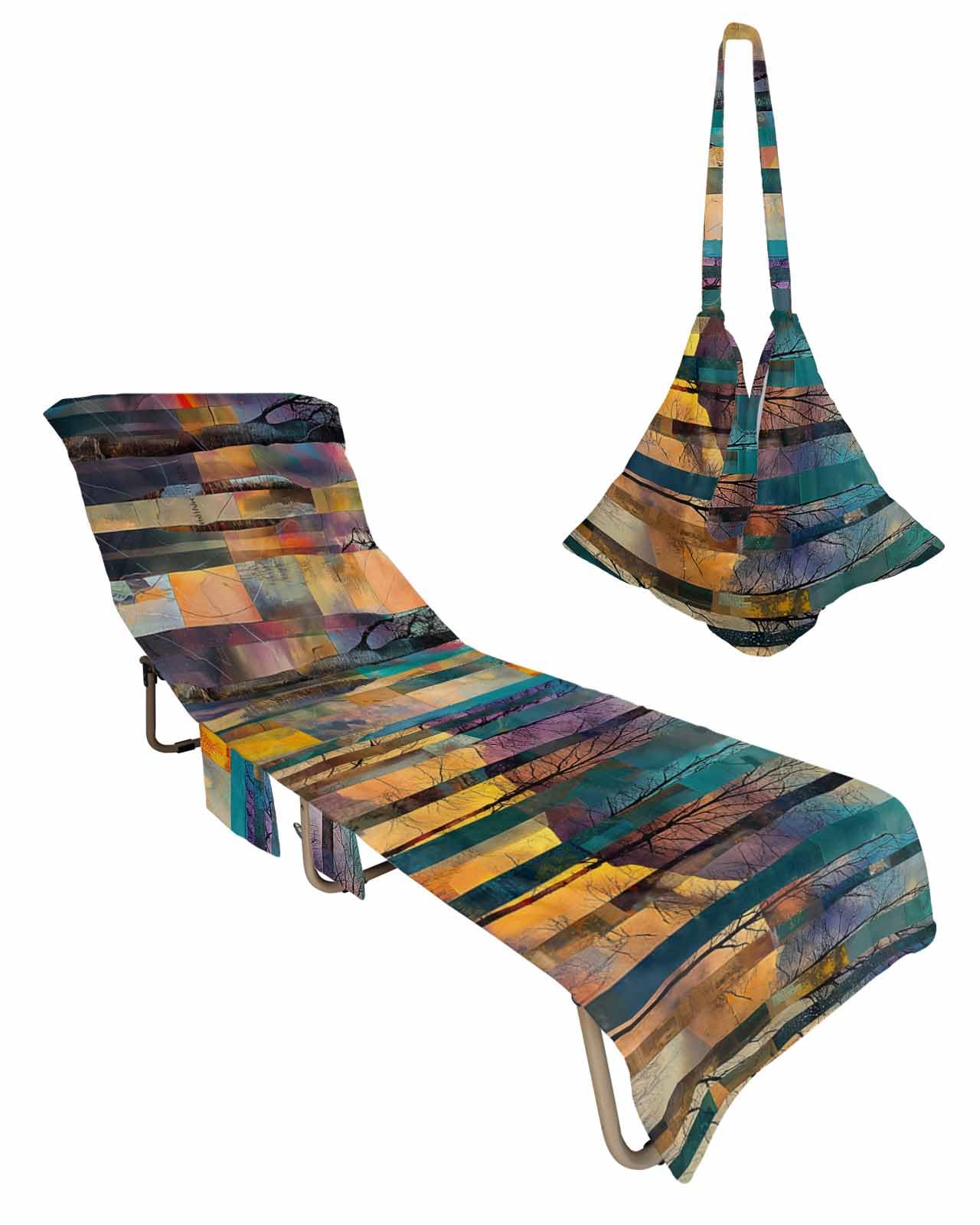 Abstract Oil Painting Beach Lounge Chair Towel Cover, Soft Chaise Lounge Towel with Side Pockets Patio Pool Chairs Cover for Beach/Pool Sunbathing 29x85 Modern Geometric Art Contemporary