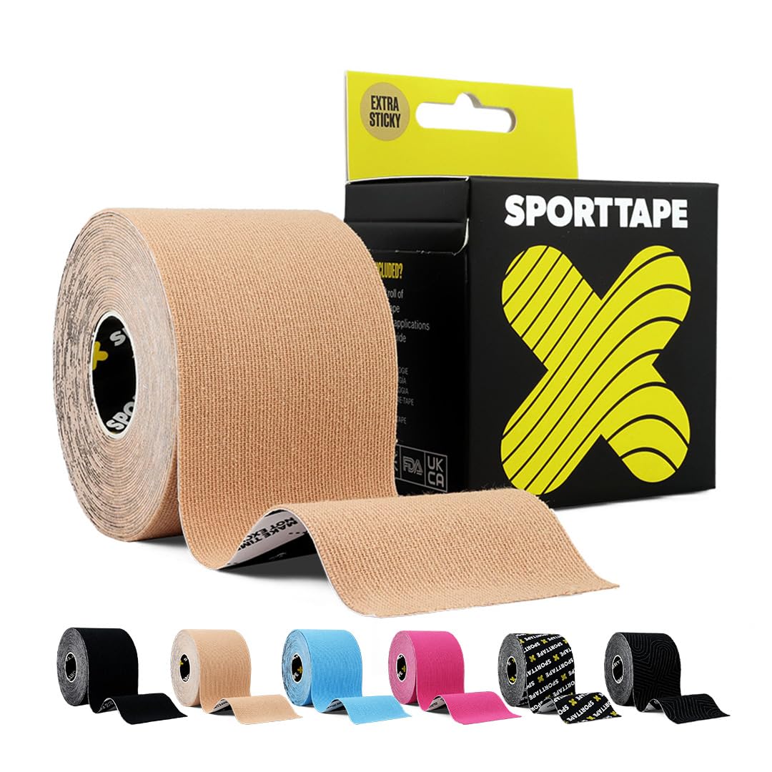 SPORTTAPE Original Kinesiology Tape, 5cm x 5m - Beige | Professional Hypoallergenic, Waterproof K Physio Tape | Athletic Support Roll, Uncut Muscle Wrap for Injury Relief and Recovery