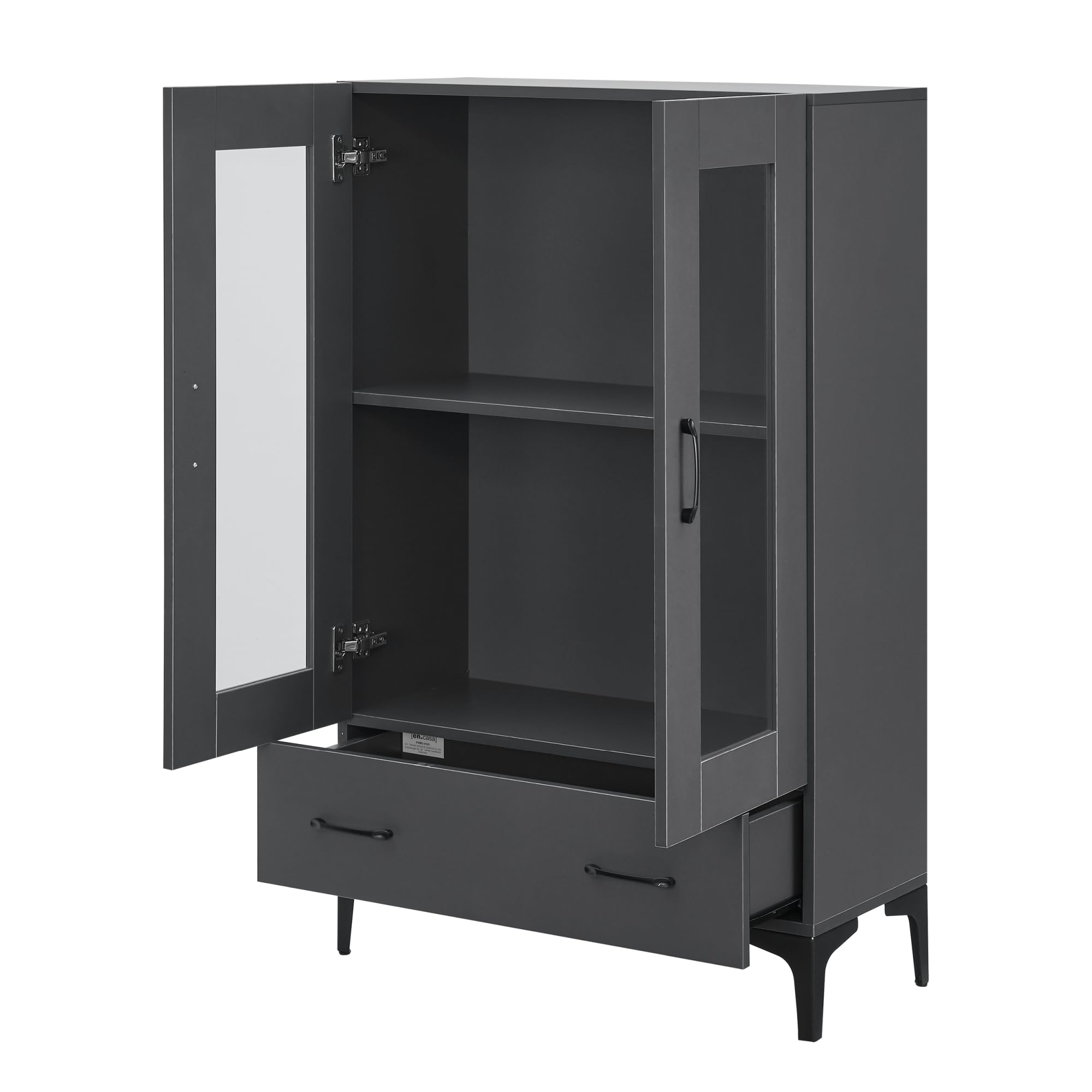 [en.casa] Vitrinenschrank Søndersø Vitrine mit Schublade und 2 Glastüren Mehrzweckschrank 70 x 31 x 115 cm Buffetschrank für Wohnzimmer Dunkelgrau