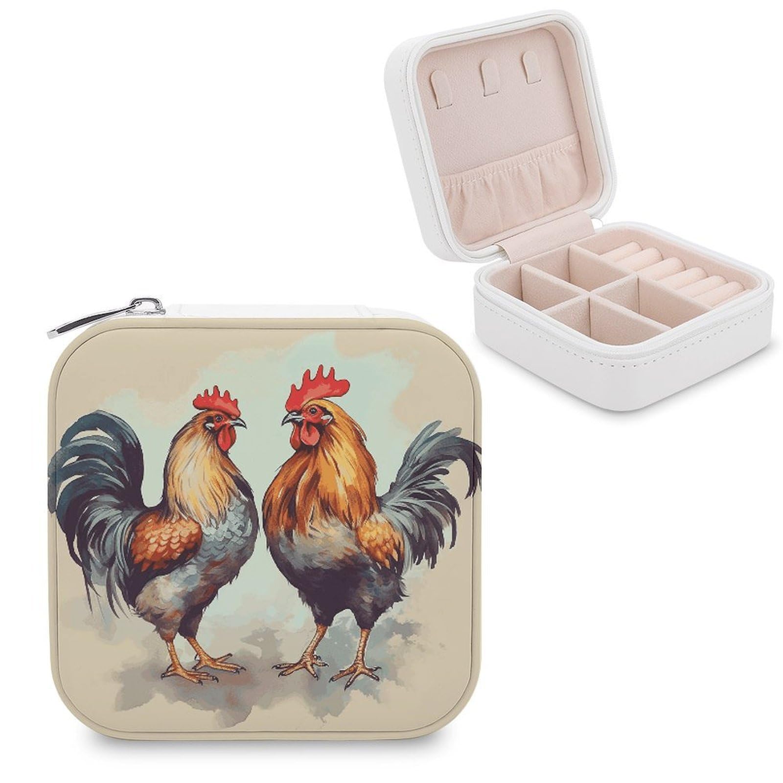 FekiLoot Rooster And Hen Jewelry Box Exquisite Jewelry Organizer Silver Gold Trinket Storage Case Multi Compartments Cute Earrings Ring Necklace Holder For Woman Household Gift