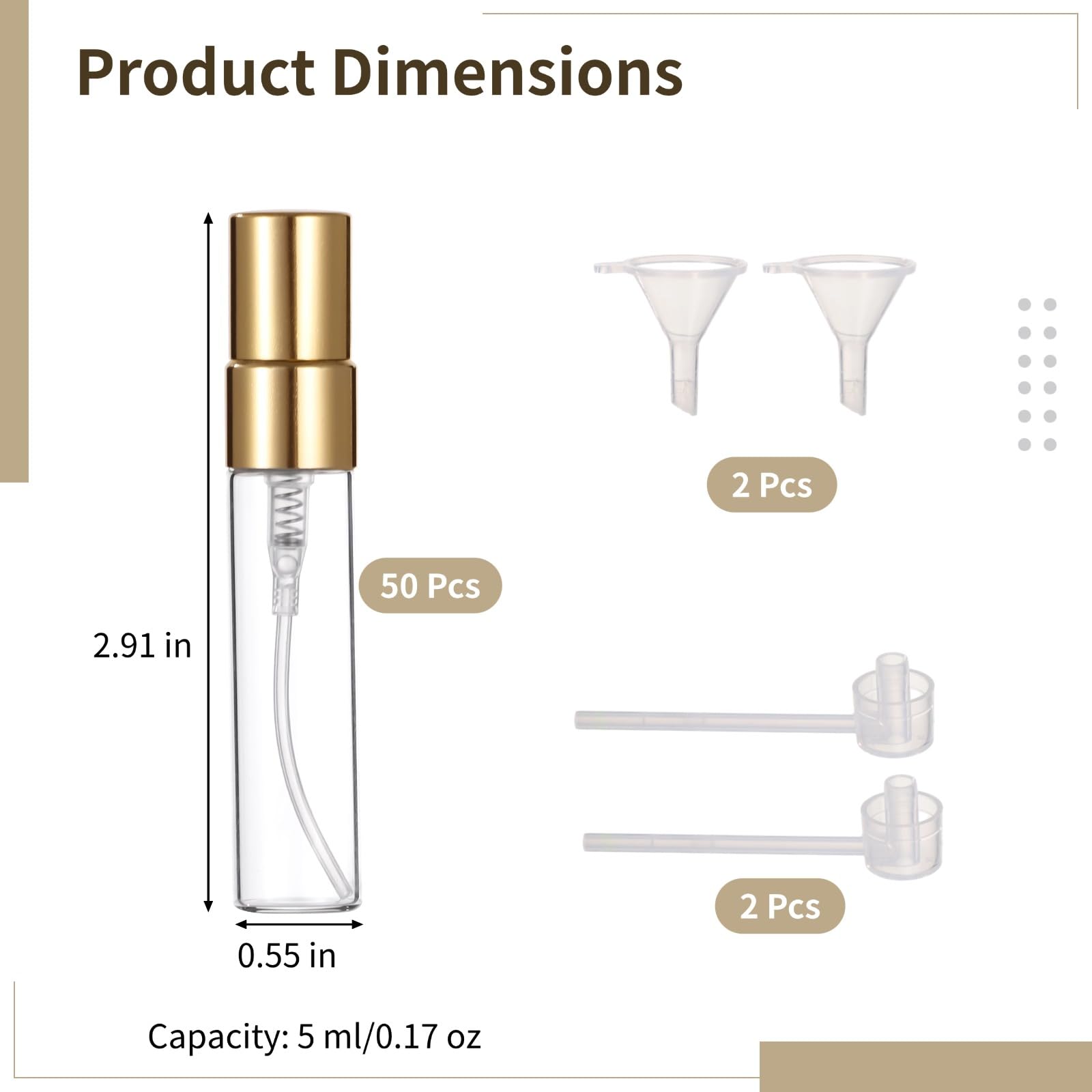 50 szt. mini butelek z rozpylaczem, 5 ml, do wielokrotnego napełniania, złote rozpylacze z drobną mgiełką z nakrętkami, podróżne pojemniki na próbki na płyny, w zestawie 2 lejki i 2 dozowniki