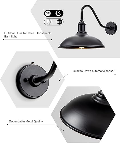 Miniatura 6 de Luces de granero grandes de 15 pulgadas para exteriores, del anochecer al amanecer, con cuello de cisne industrial, luz al aire libre, impermeable,