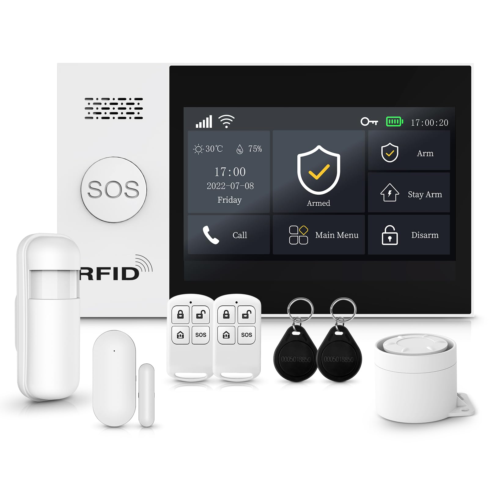 XNY 4.3 Pulgadas Pantalla Táctil Alarmas para Casa,WiFi/4G Alarma Casa Inalámbrica, Sistema de Alarma con Sirena, 8 Piezas: Detector de Movimiento, Sensores de Puertas y Ventanas, Mando a Distancia