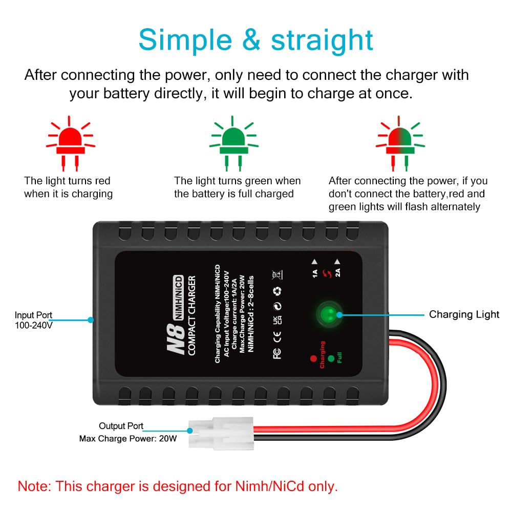 Haisito N8 Chargeur de batterie LiPo, 2-8s Smart NiMH/NiCd avec prise standard/mini 2,4 V/9,6 V, convient pour les voitures radiocommandées Airsoft, bateaux, drones