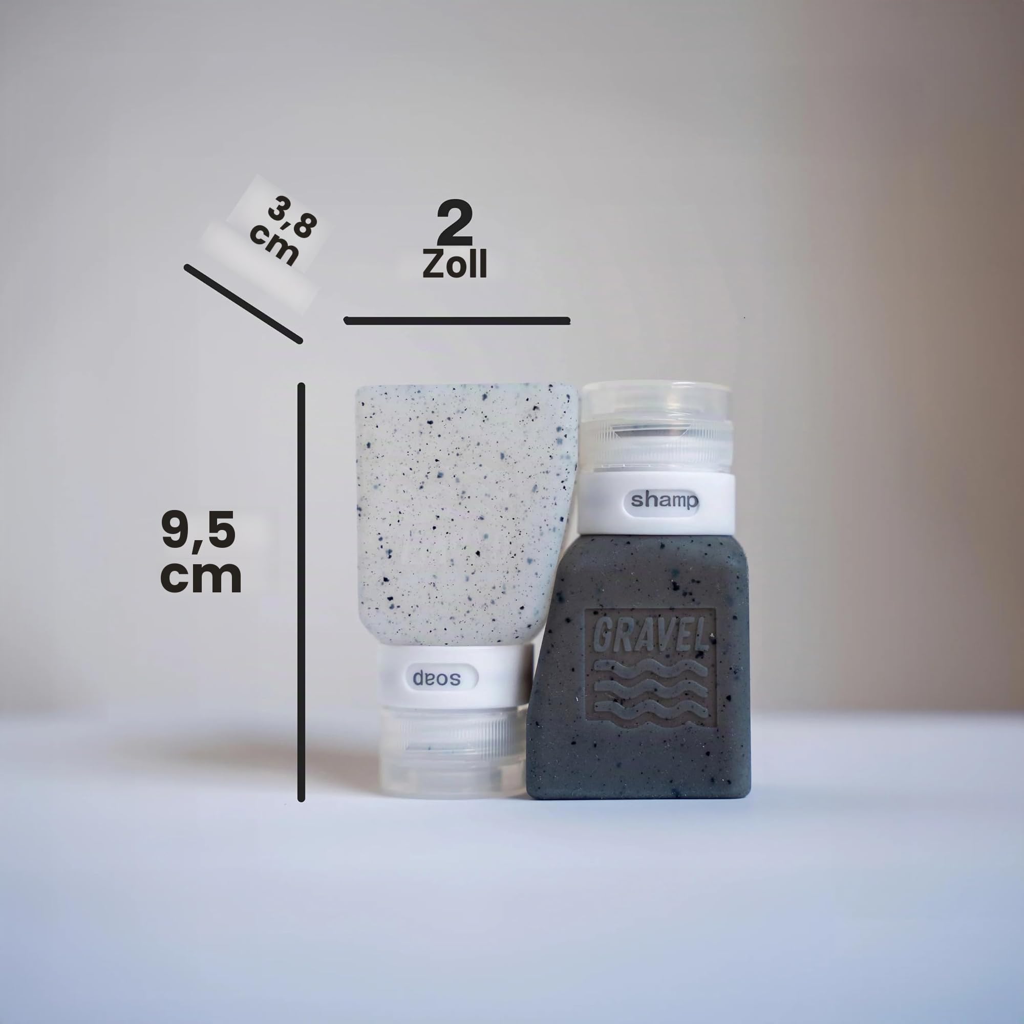 Gravel Reiseflaschen, TSA-zugelassen, 2er-Pack, 85 ml, auslaufsicher, quetschbar, BPA-frei, Reiseflaschen für Toilettenartikel, inklusive Etikettensystem für Reisebehälter (transparent gesprenkelt und