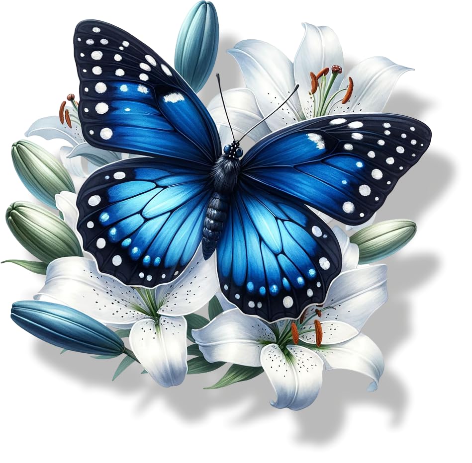 x4 Blue Butterfly Flower Vinyl Stickers Cover Marks Non Transparent Waterproof Floral Art Decals 1@ 20cm Tall Ideal for Toilets or car. 3@ 7cm Tall for Phone case Cups & Wine Glass (Butterfly Blue)
