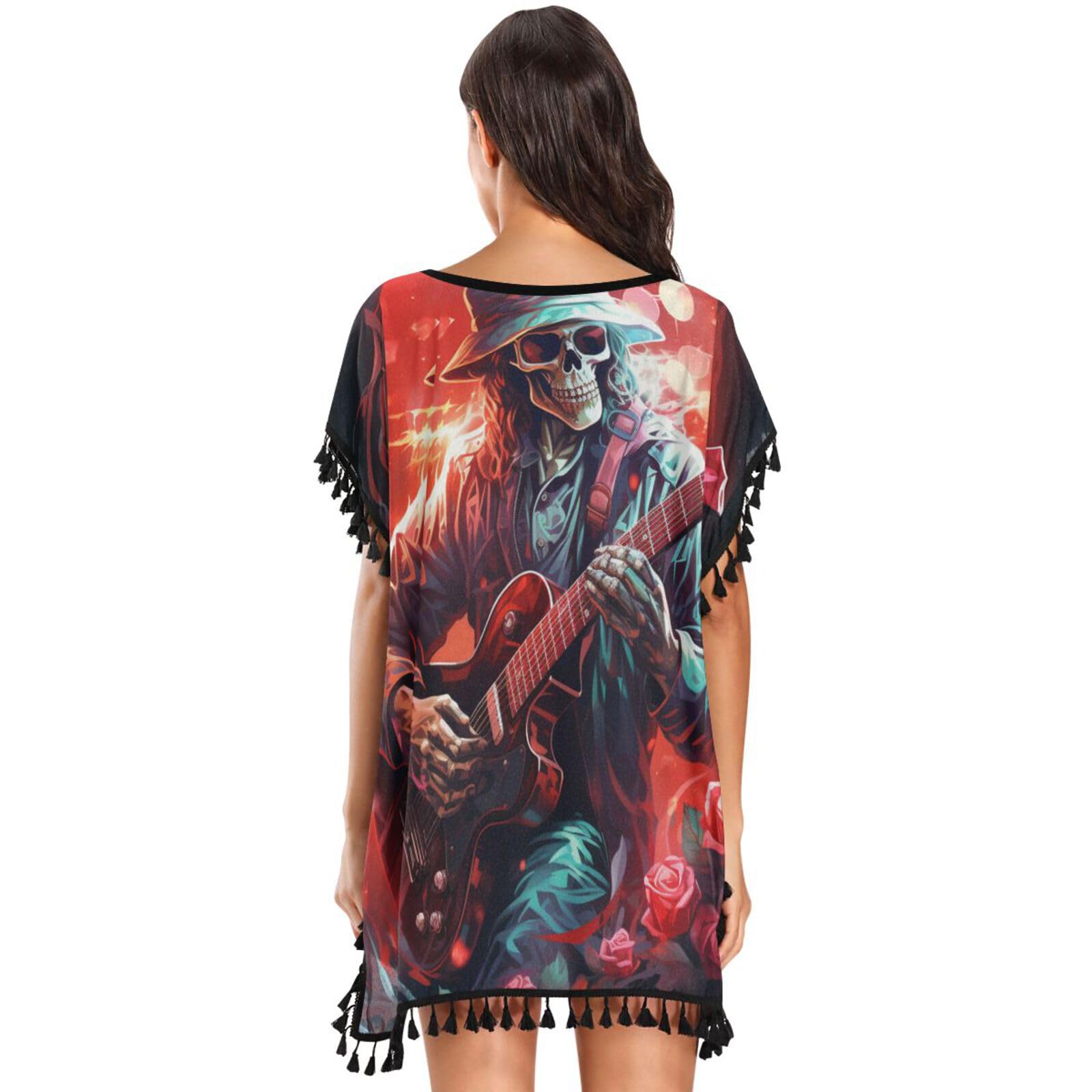 KAAVIYO Red Rose Skull Guitar Women's Beach Cover Up Chiffon Tassel Swimwear Swimsuit Coverups for Girl