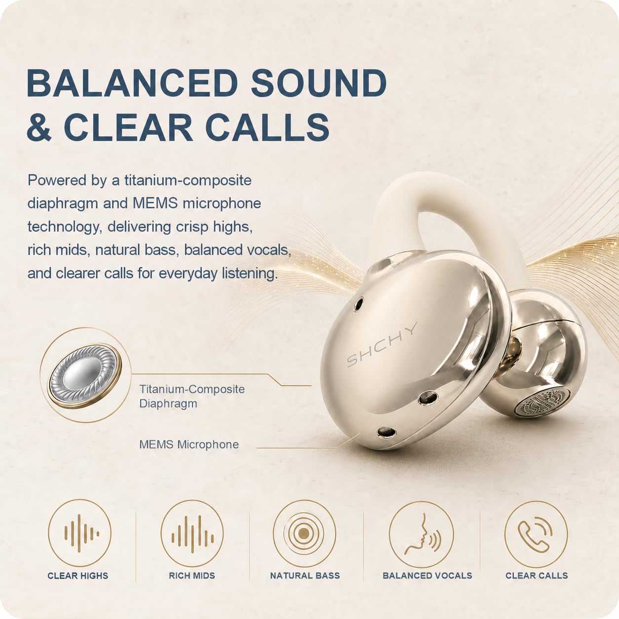 Auriculares abiertos con clip, Bluetooth 6.0, micrófono, funda LED