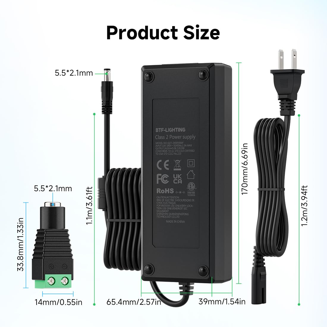BTF-LIGHTING 24V 5A 120W Power Supply Adapter ETL Listed 100-240V AC to 24V DC Converter Class 2 Power Supply, 5.5x2.1mm Jack for for Low Voltage LED Strip Lights, CCTV, Router, Electronics - Image 4