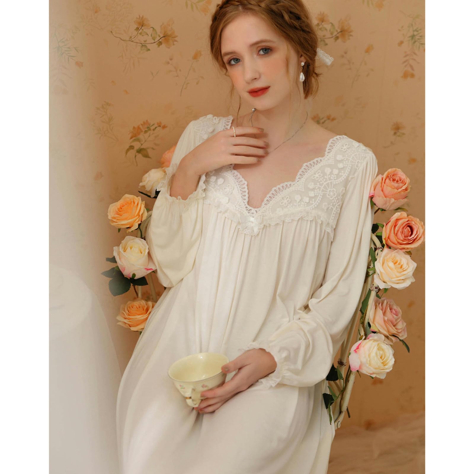 Camicia Notte Donna Princess Nightdress Spring E Autunno A Manica Lunga Cotone Abito da Fata da Fata da Fata Vestiti per La Casa-Rosa-l