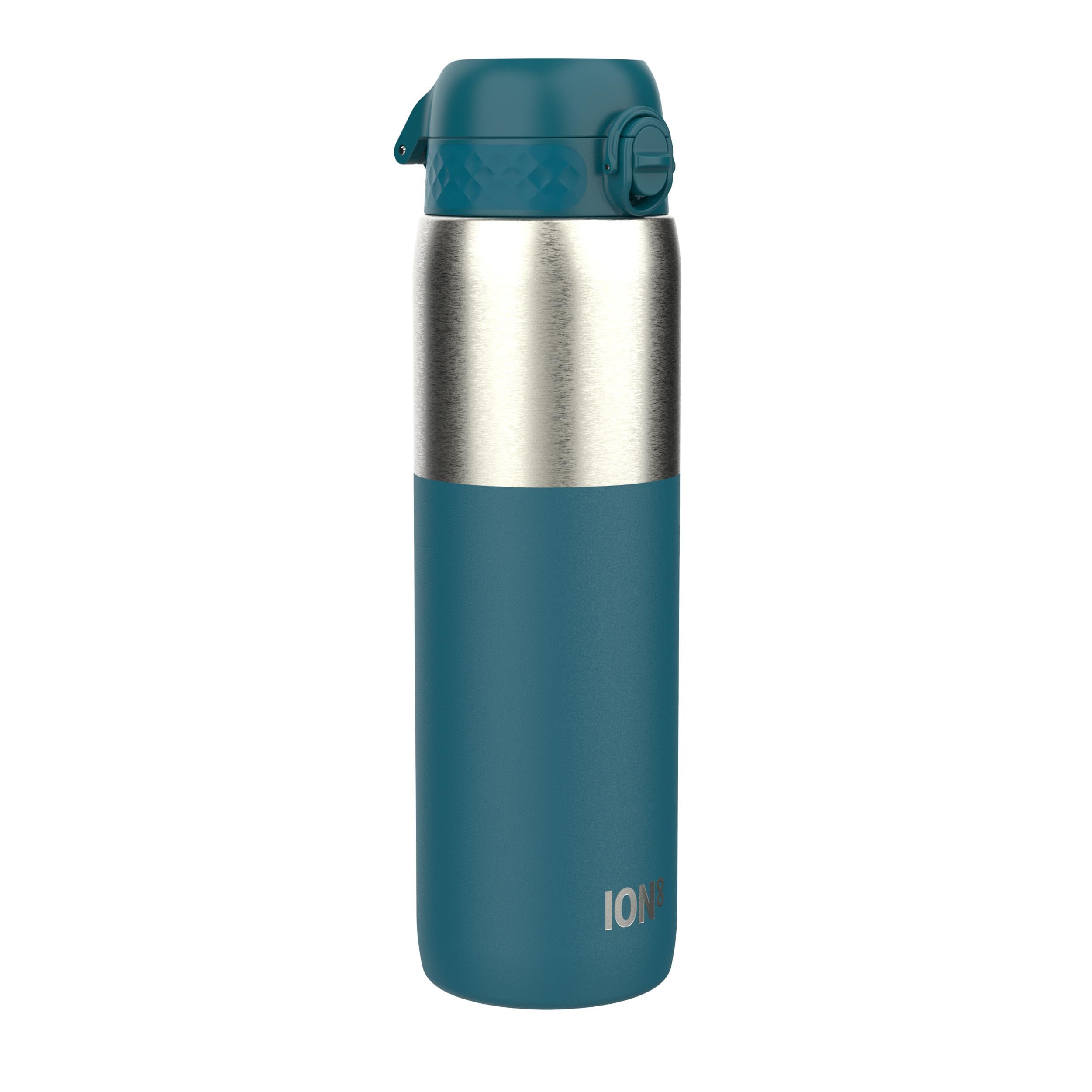 Ion8 Vacuum Insulated Stainless Steel 1 Litre Water Bottle, 920 ml/31 oz, Leak Proof, Easy to Open, Secure Lock, Dishwasher Safe, Carry Handle, Metal Water Bottle, Half Cut Deep Teal