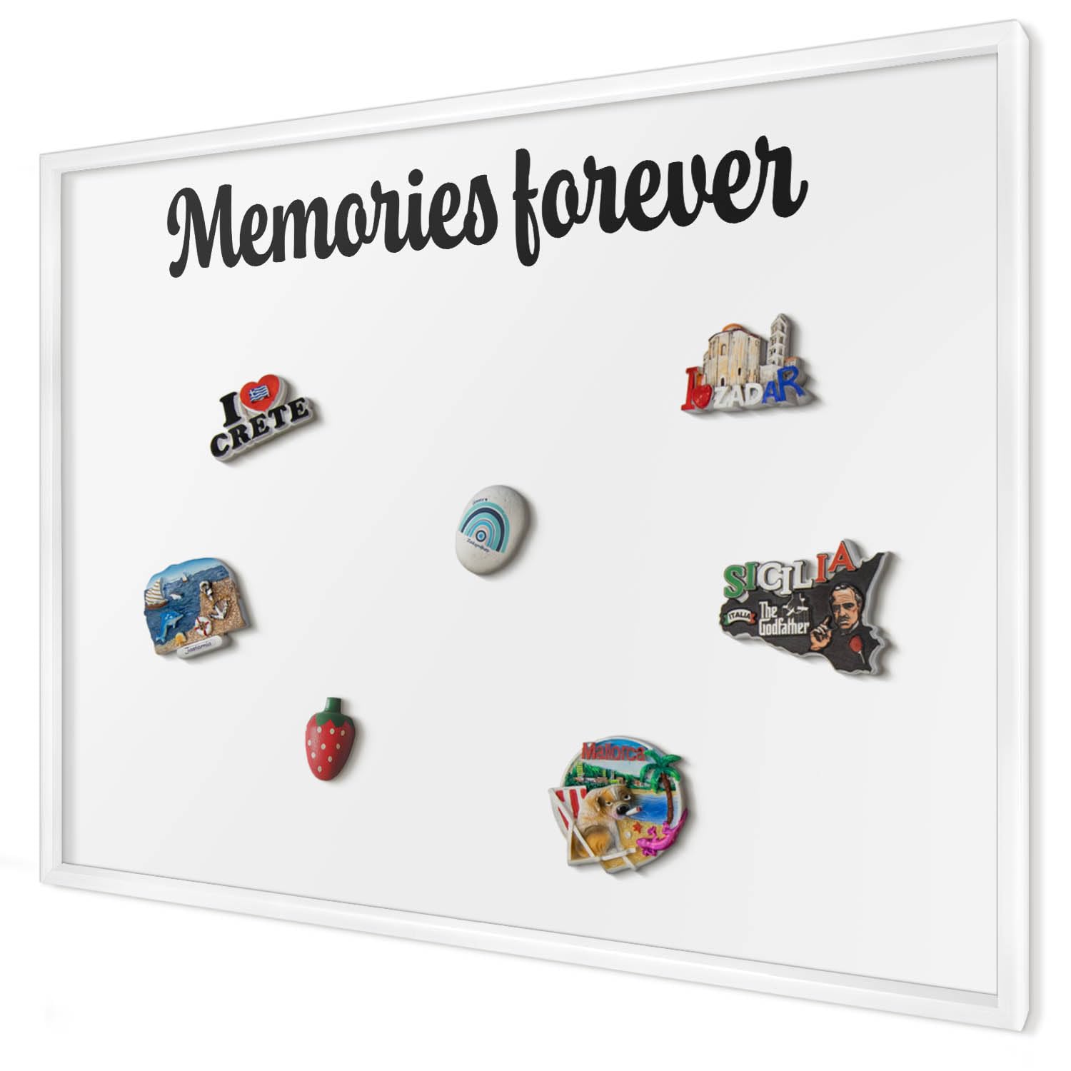 Panel Magnético 100x70 cm | con Marco Blanco | Memories Forever | Montaje Fácil | Organizador de Pared | Para Recuerdos de Vacaciones | Expositor de Imanes de Nevera y Postales | Para Cocina