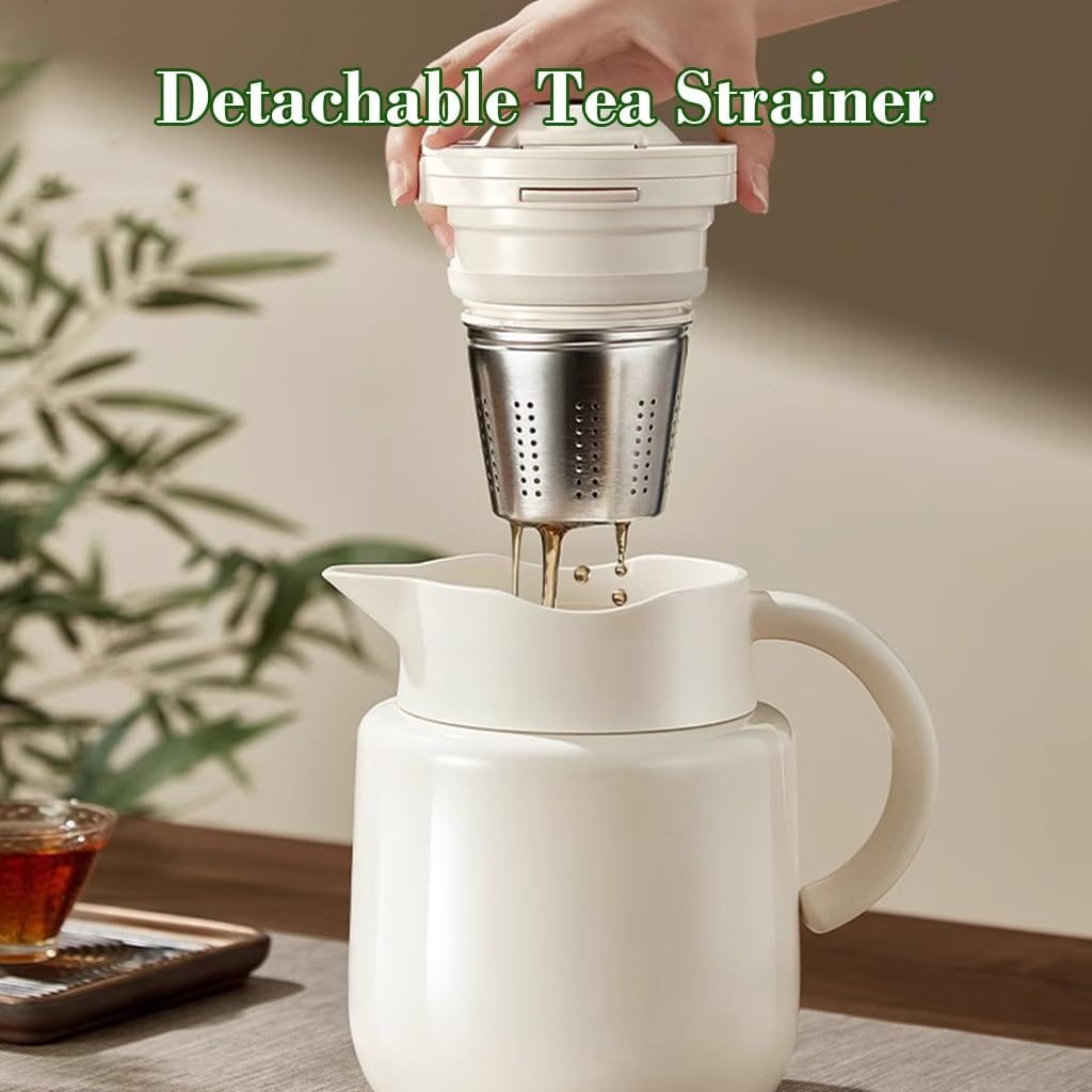 LEIYTFE 1.2L Thermal Stainless Steel Tea Pot,Insulated Coffee Pot with Ceramic Liner,6Hour Heat Retention Small Thermal Vacuum Flask for Hot Coffee,Tea,Beverage(White)