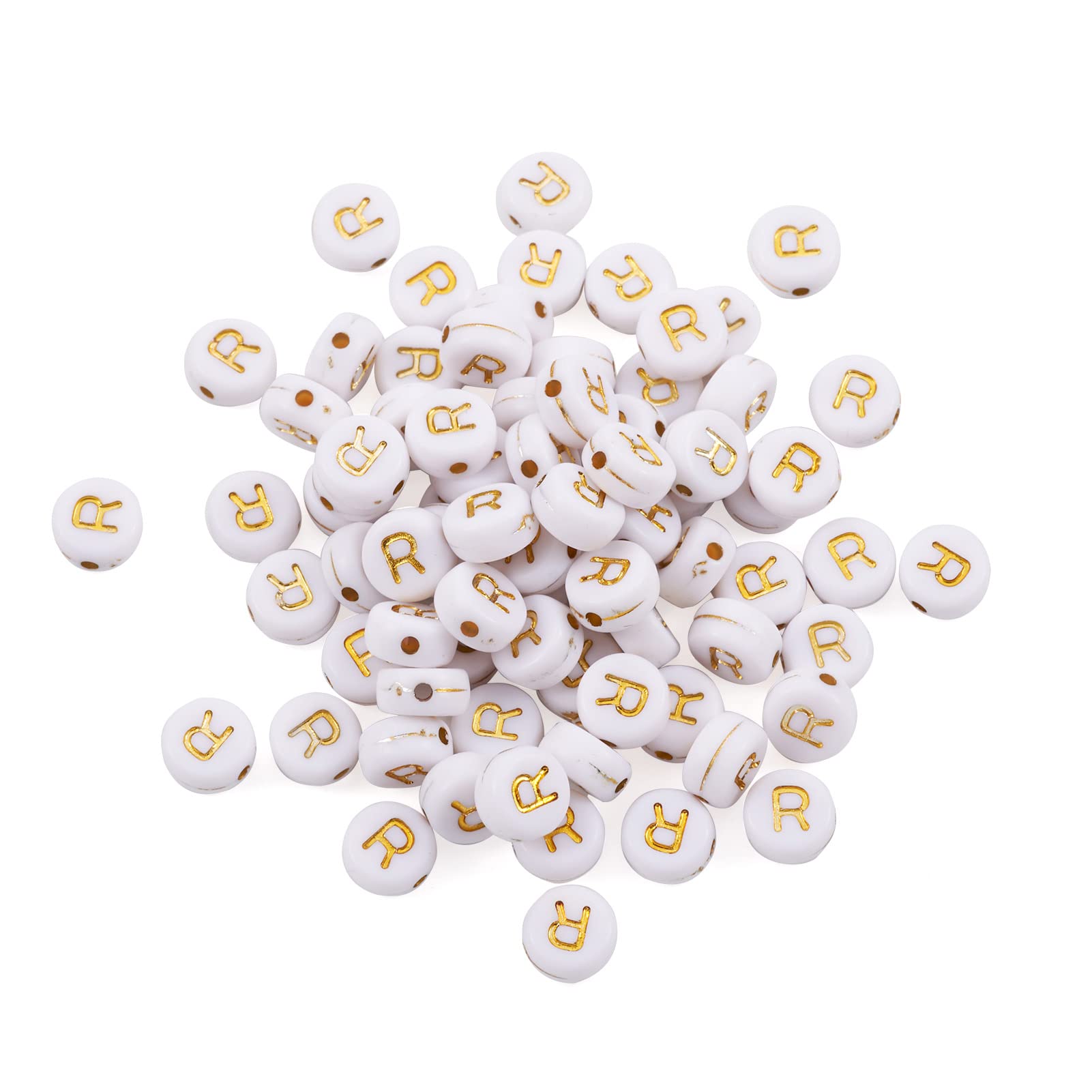Cheriswelry 360pcs 7mm Flat Round Acrylic Alphabet Letter R Loose Beads Spacer Charms White Gold for Jewellery Bracelet Making