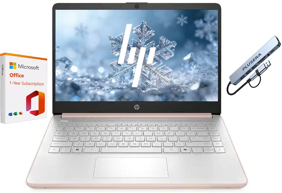 HP 14' Business Laptop, 1-Year Office 365 with Copilot AI, 8GB RAM 576GB Storage (64GB SSD+512GB SD Card), Dual-Core Intel Processor, Windows 11, PLUSERA 8-in-1 Hub Included, Rose Gold