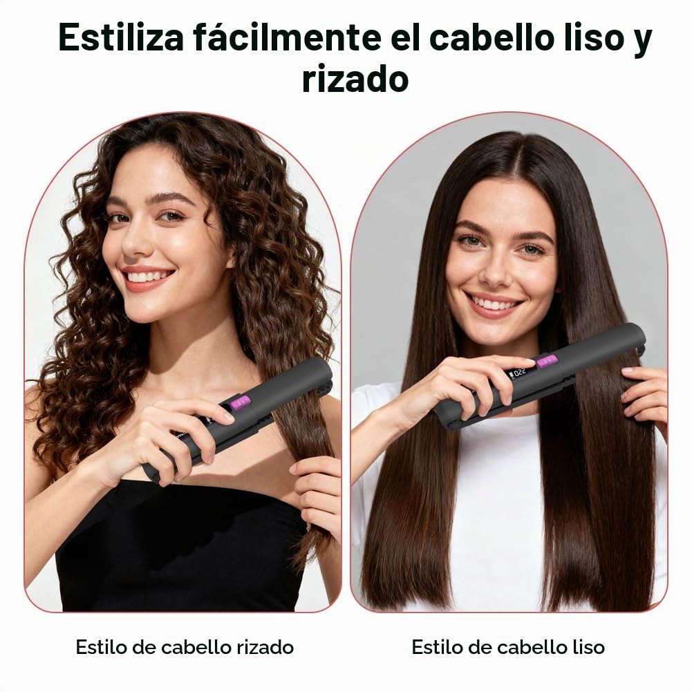 Plancha de Pelo Inalámbrica, 160-220°C Plancha Pelo Viaje 2 en 1, Portátil Mini Rizador Pelo, Iones Negativos Anti-estática Reducir el Daño Capilar,Calentamiento Rápido,6 Niveles,Pantalla LCD C