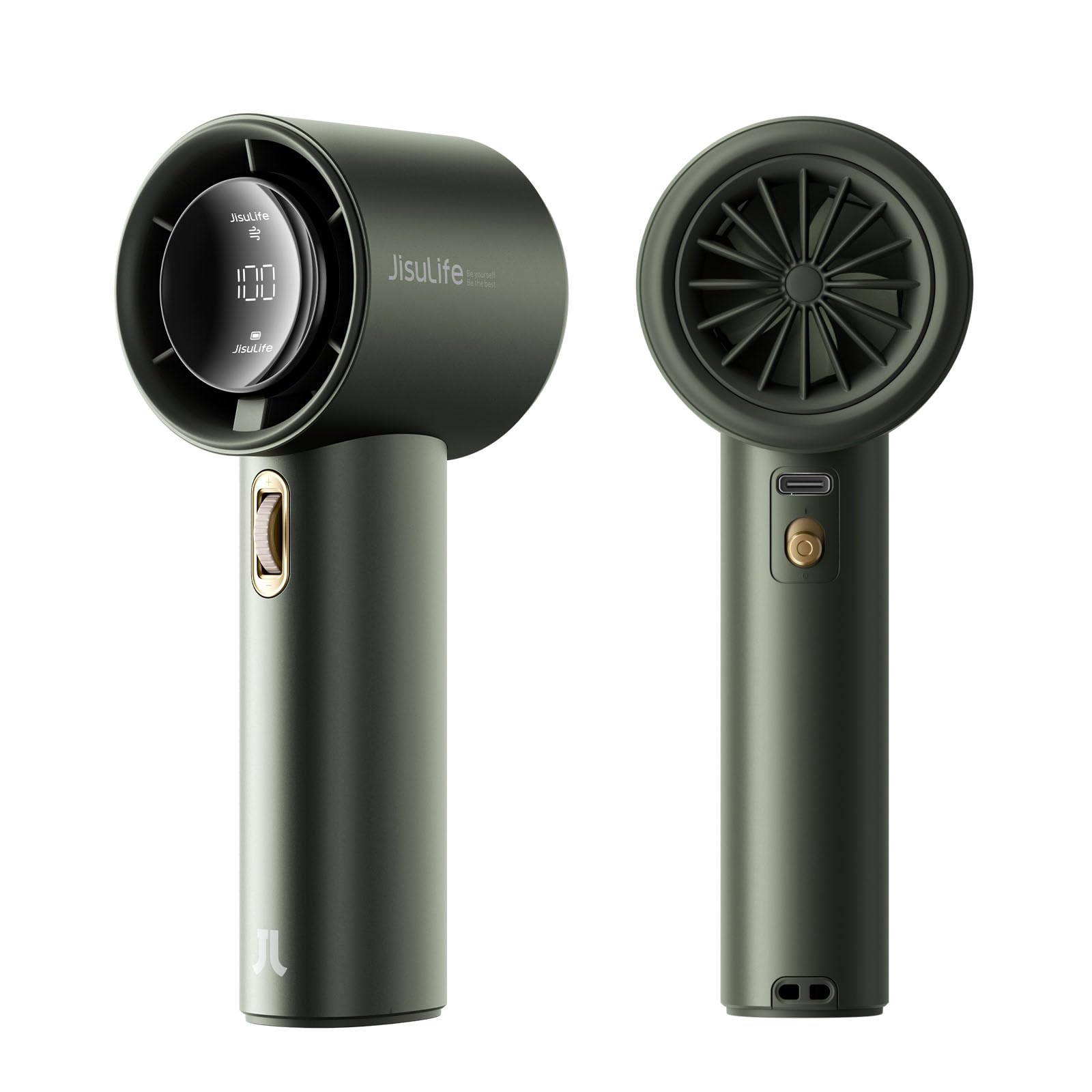 JISULIFE Ventilatore Portatile a Mano, Mini Turbo Ventilatore Regolabile in Velocità (1-100), Batteria Ricaricabile da 3600mAh Con Display Digitale,Viaggi/Campeggio/All'aperto-Verde