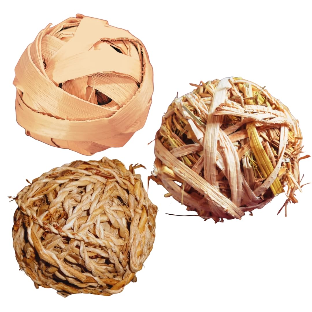 INR's Farm Fresh - Natural Banana Stem Fiber Chew Ball Toys – Set of 3, Big Size Balls 10 Cms Diameter Each Edible Enrichment for Rabbits & Guinea Pigs Chew Toys