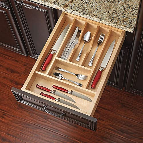 Image of Rev-A-Shelf Trim-to-Fit Silverware Drawer Organizer For Kitchen Utensil Cutlery Cabinet Storage, Natural Maple Wood 7 Compartment Tray Insert 4WCT-1SH