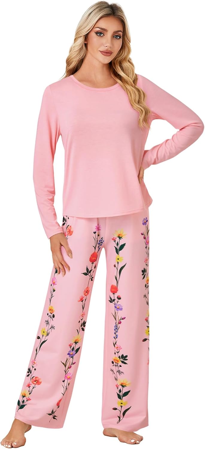 LYANER Women's Pajama Sets Long Sleeve Top and Floral Pants Pjs 2 Piece Sleepwear with Pockets - Image 4