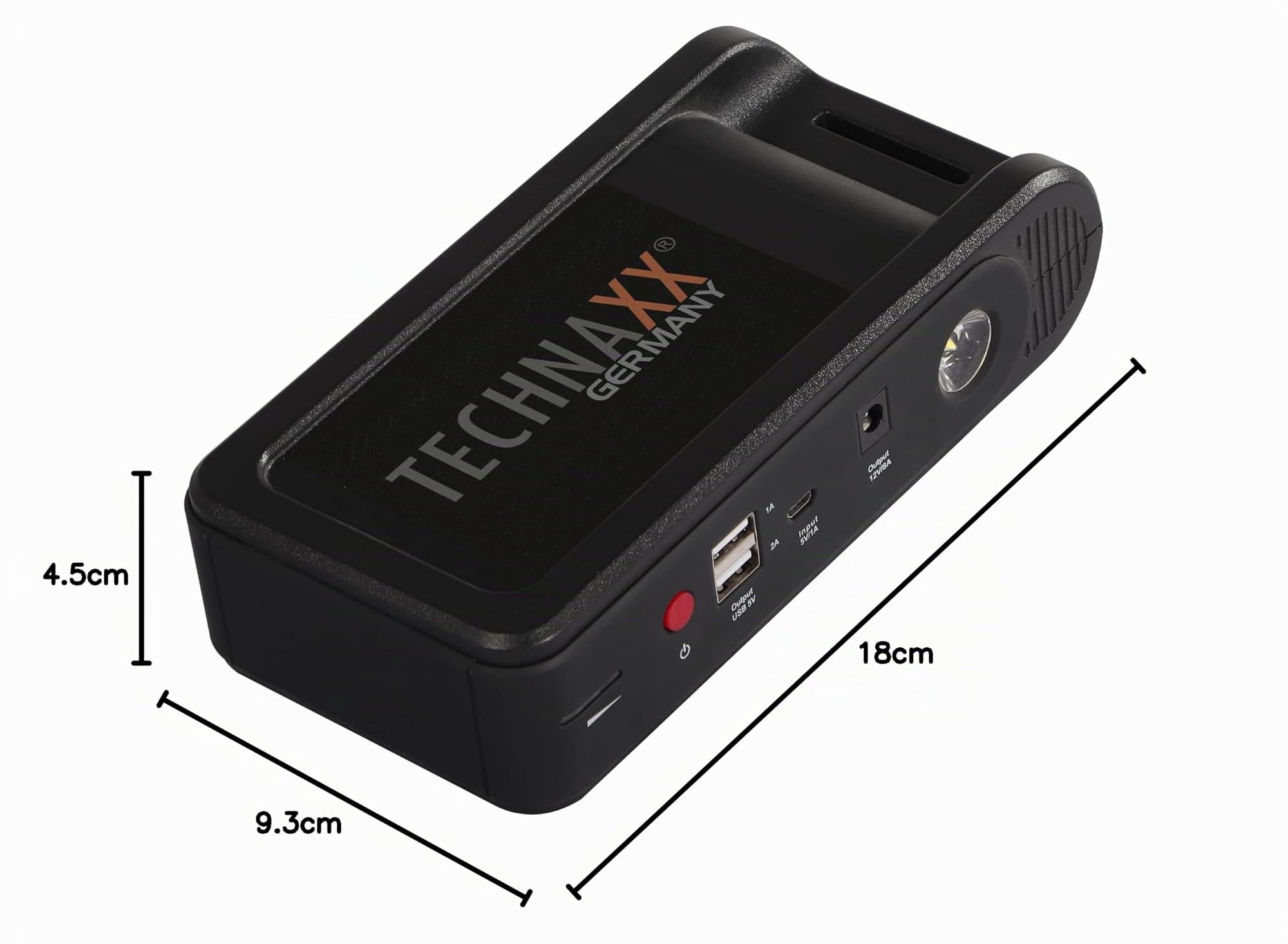 Technaxx 12000 mAh Bloc d'alimentation pour démarreur de Batterie de Voiture (Essence Jusqu'à 4,0L / Diesel jusqu'à 2,5L) avec Banque d'alimentation, 2X USB-A Ports de Charge et Lampe LED TX-218