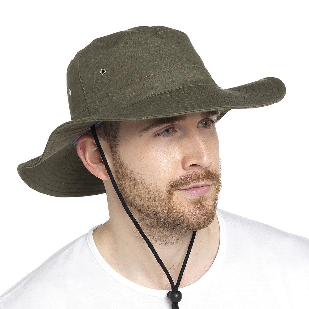 A2Z Mens Sun Hats Safari UV Protection Wide Brim Summer Hat Cotton Breathable for Fisherman, Hiking, Boonie - Men Safari Hats AZ4814 Khaki M/L