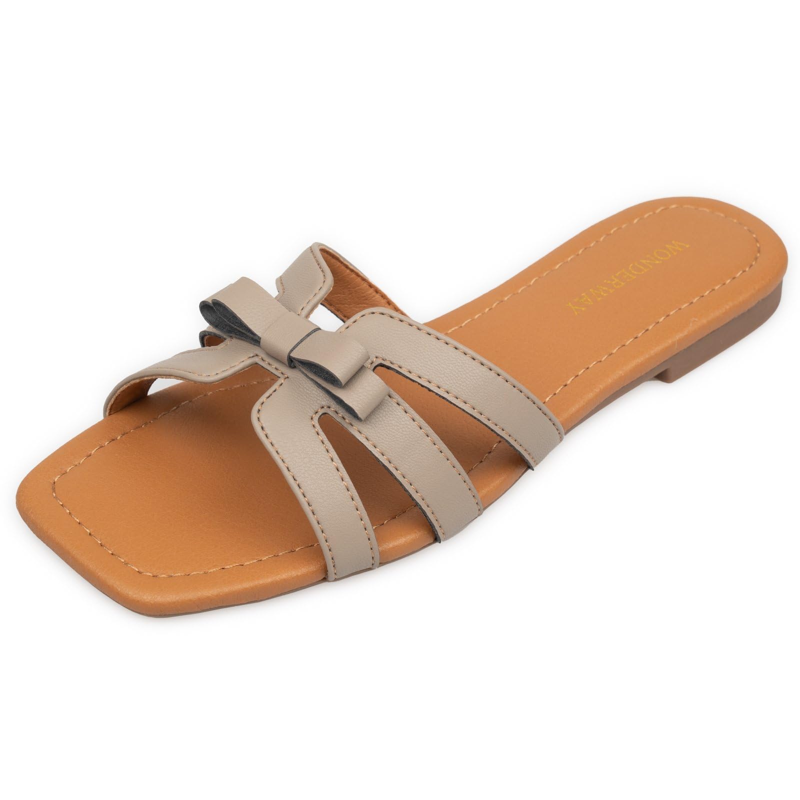 WONDERWAY Women Bow Flat Sandals Dressy Sandals for Women Cute Comfortable Square Open Toe Slides Sandals