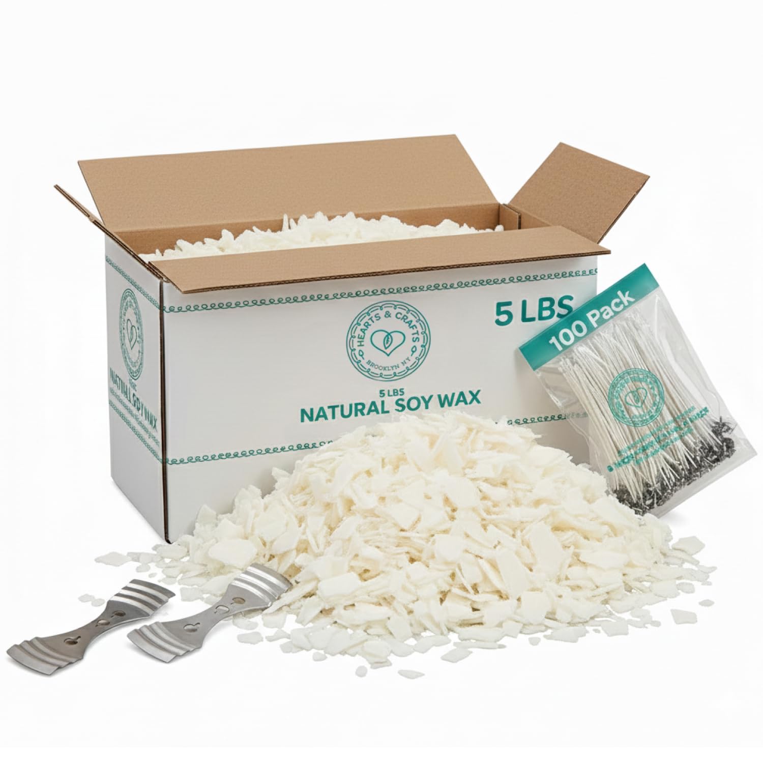 Hearts & Crafts Cera di soia per realizzare candele, 2,3 kg, con 100 stoppini pre-cerati e 2 strumenti di centraggio in metallo, forniture per la produzione di candele fai da te e professionali