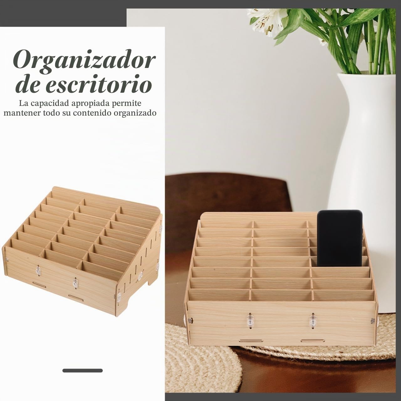 TOPBATHY Caja De Almacenamiento De Escritorio De Madera 12.51X7.91X6.53In Organizador Multifuncional Para Teléfonos Móviles Y Suministros De Oficina Escuela Taller