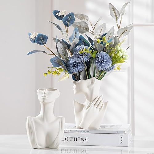 Miniatura 9 de Jarrones faciales para jarrón de cerámica blanca, decoración moderna del hogar, jarrones redondos mate para hierba de las pampas, jarrones de flores