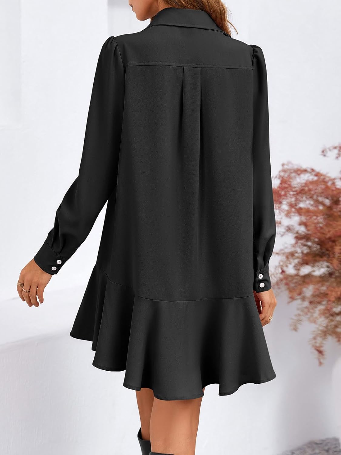 Fisoew Womens Casual Button Down Shirt Dress Long Sleeve Collared Pleated Swing Mini Dresses - Image 3