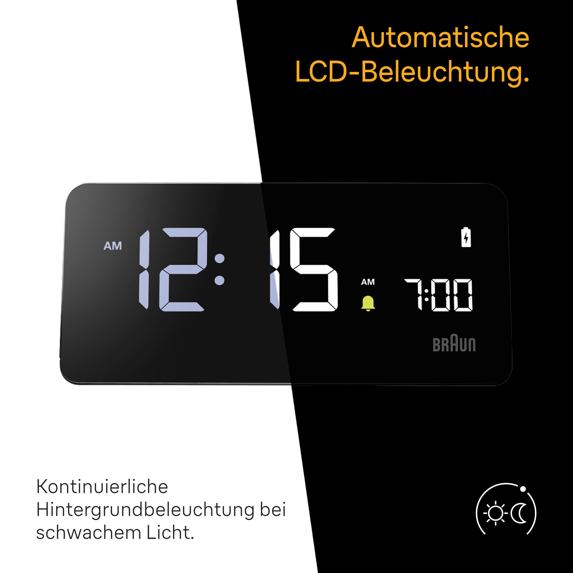 Braun Digitaler Wecker mit VA-LCD-Display, kabelloses 10W Qi-Schnellladepad, automatische Einstellung der Hintergrundbeleuchtung, Schnellschaltung, Pieptonwecker in Schwarz, Modell BC21B.