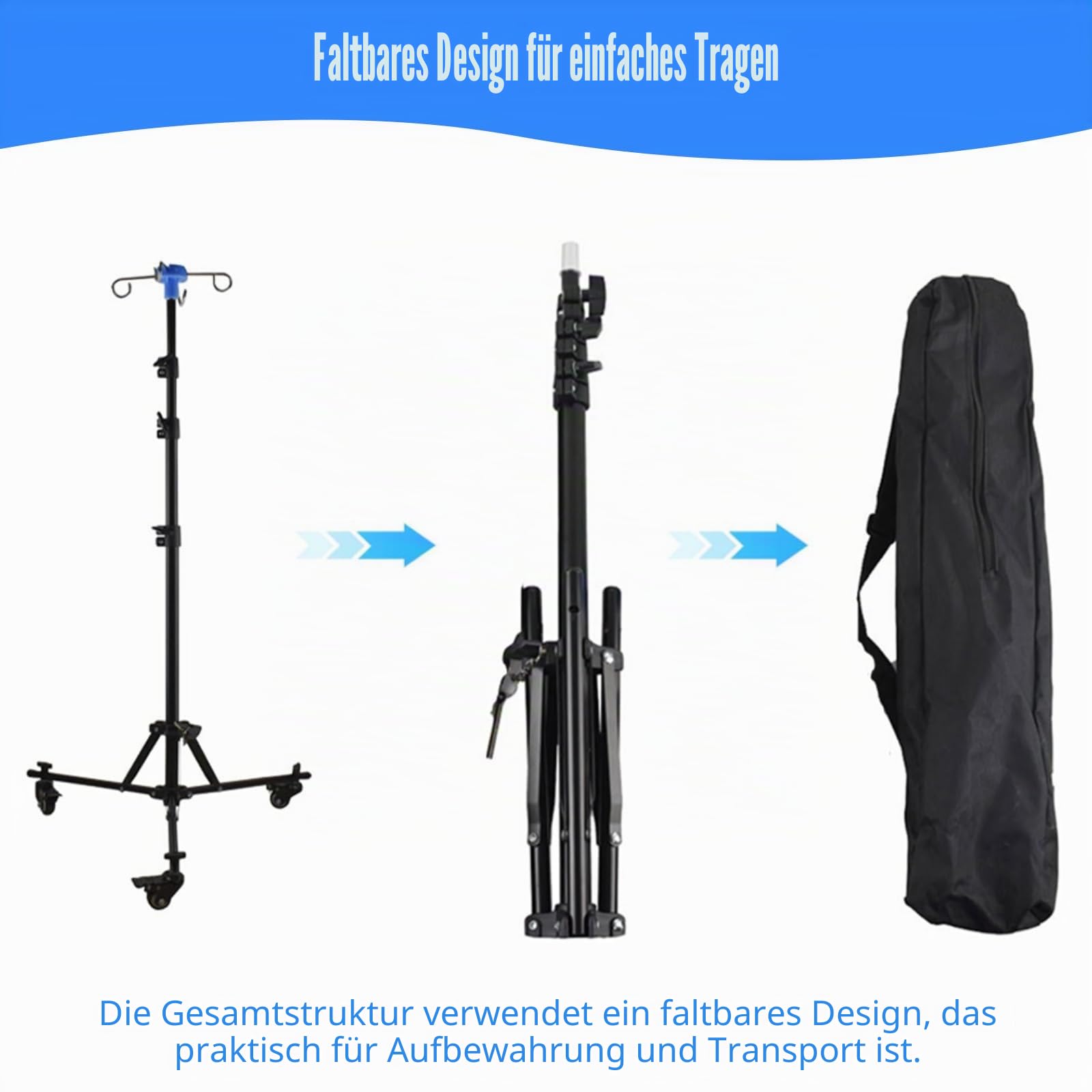 Tragbarer Infusionsständer, Verstellbarer Infusionsständer mit Rollen, Infusionsständer Klein Klappbar mit 4 Haken 3 Netztaschen Ablagekorb und Alarm