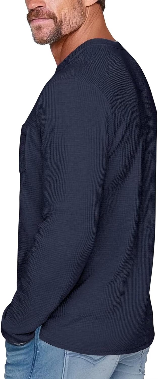 Zengjo Mens Waffle Long Sleeve Shirt Crew Neck Casual Midweight T-Shirt with Pocket Soft Thermal Layering Tees - Image 3