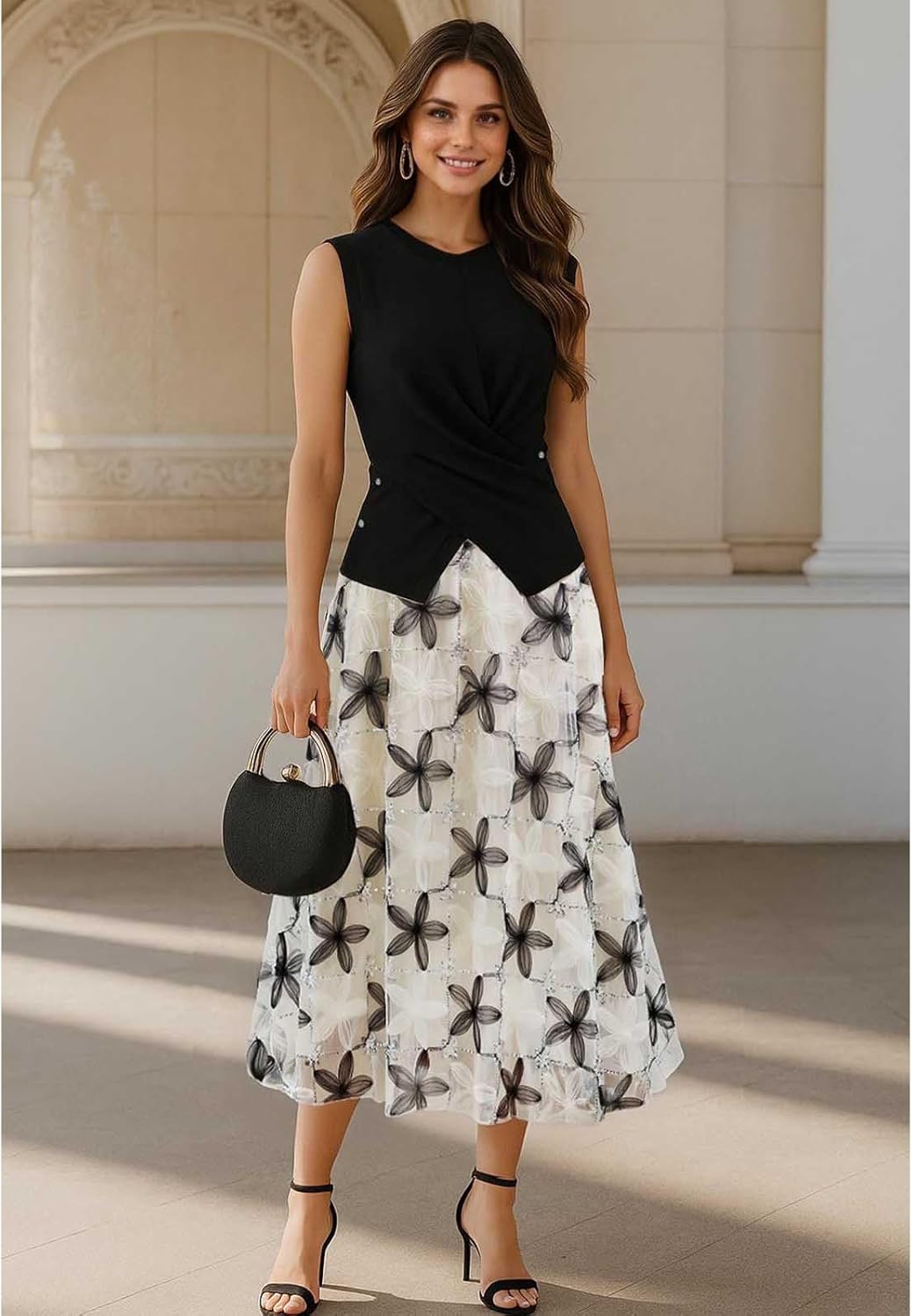 CHICWISH Women Floral Applique Sequin Embellished Mesh Tulle Skirt Casual Flowy Elastic High Waist A-Line Midi Skirt - Image 3