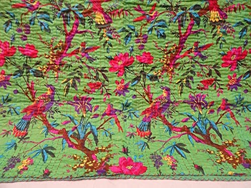 Colcha de algodón con estampado de pájaro Kantha verde hecho a mano indio tradicional de Jaipur 4