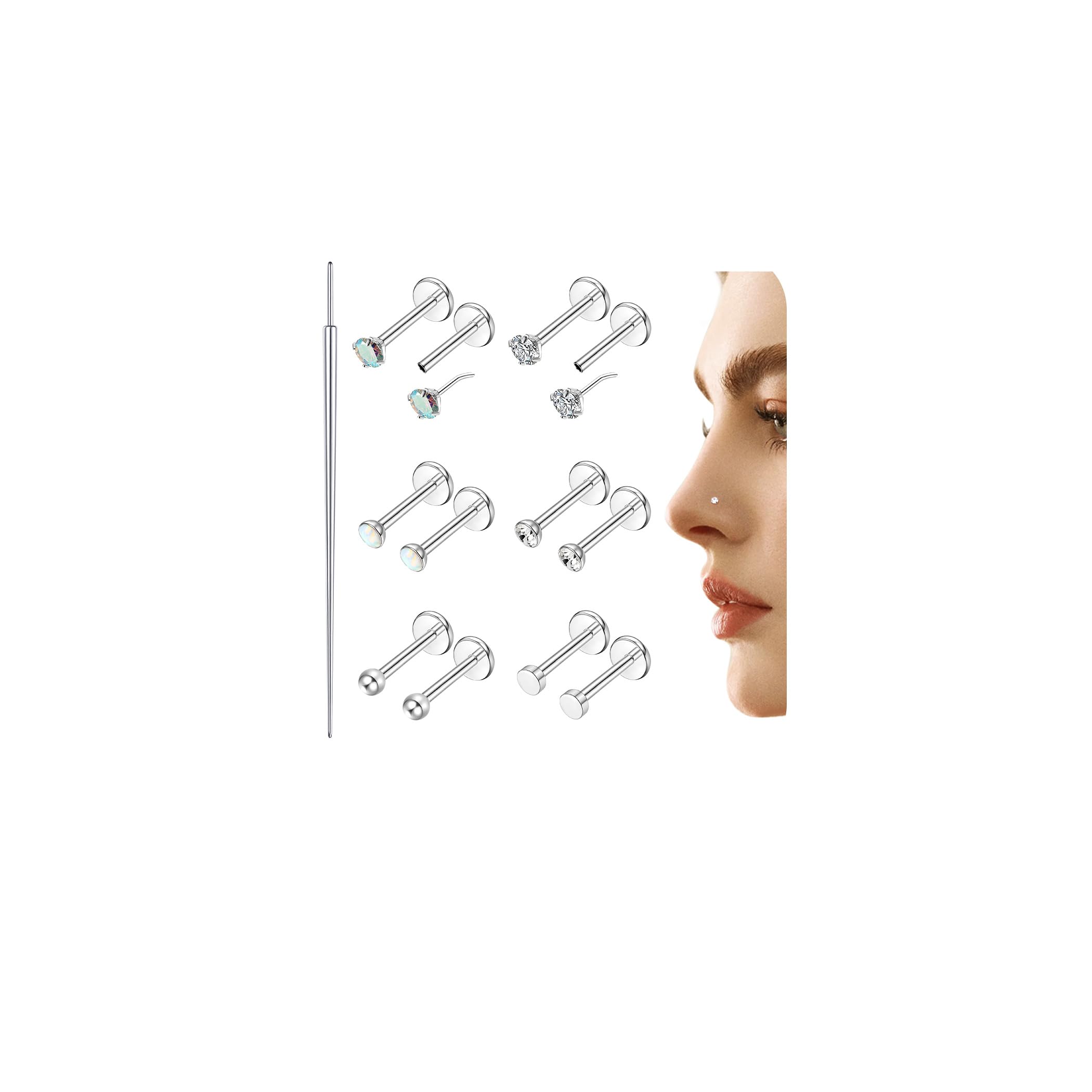 JeryWe20G/18G Flat Back Earrings Stud - Hypoallergenic Earrings for Women - 316L Surgical Stainless Steel Tragus Cartilage Lip Medusa Piercing Jewelry - Threadless Nose Stud for Women Men