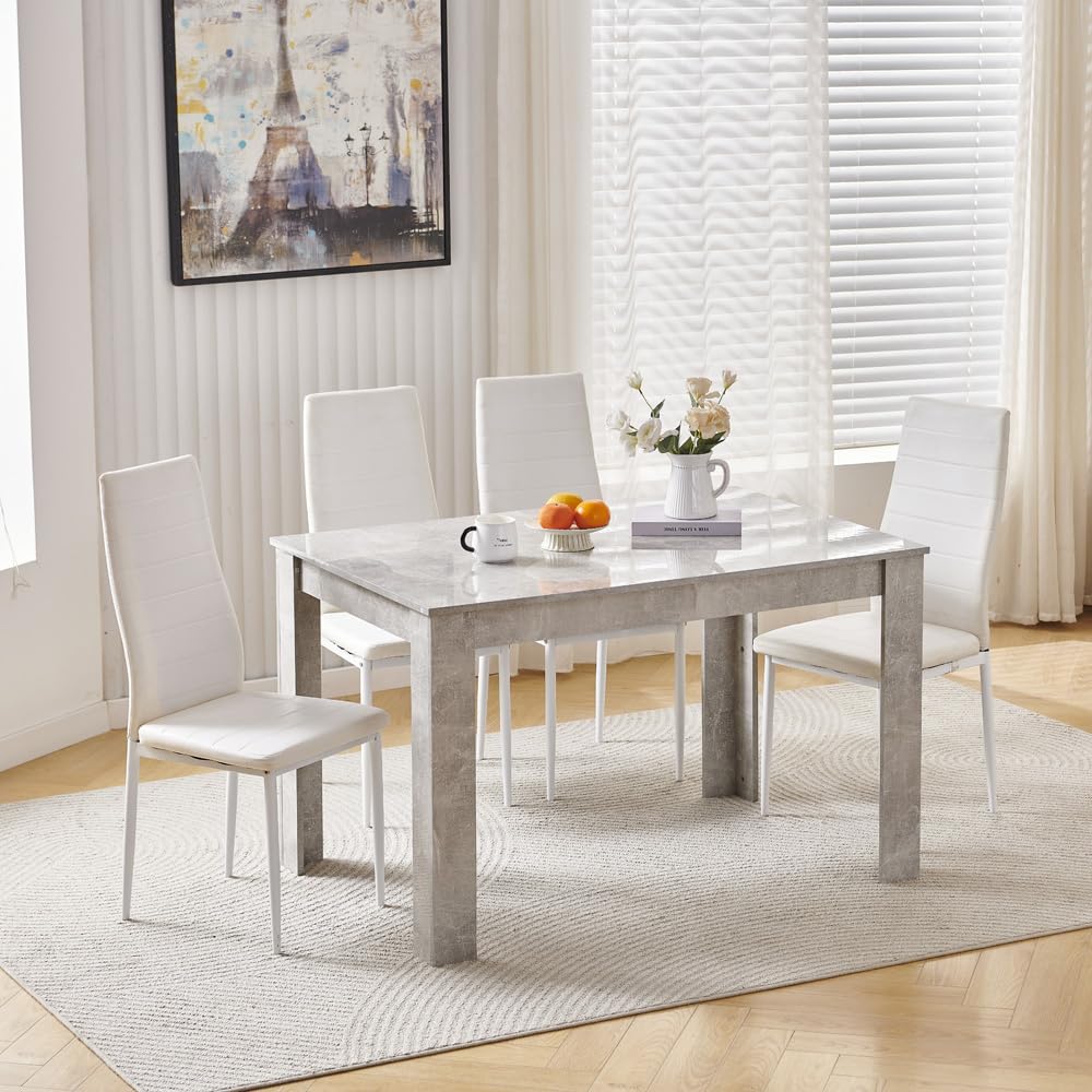 Homullel 5 Piece Dining Room Table and Chairs Set of 4 for Dining Room Kitchen, Modern Wooden Dining Table with 4 Chairs for Family Dinner Set (With 4Pcs White Leather Chairs, 120cm Grey Marble Table) — image 1