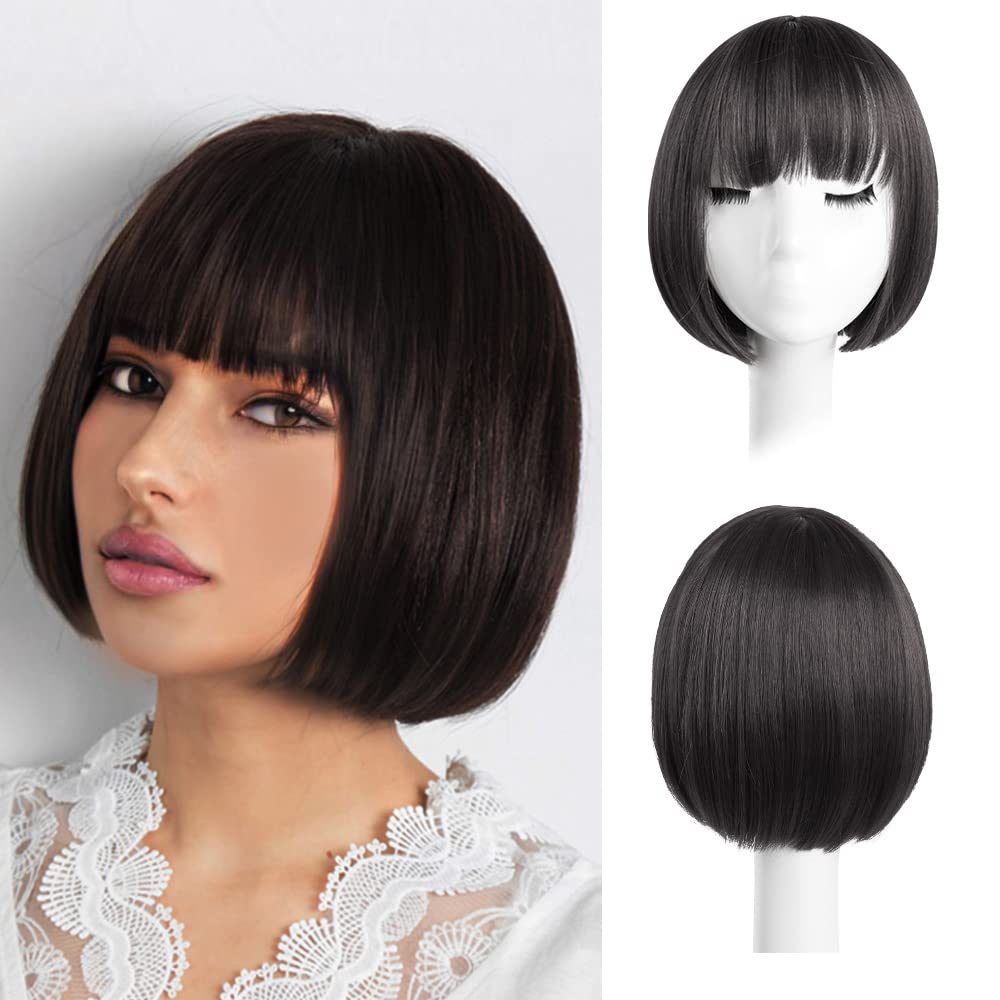 HSPJHTM Short Black Bob Wigs, 10" Straight with Flat Bangs Synthetic Colorful Cosplay Daily Party Wig for Women Natural As Real Hair (Free Wig Cap)